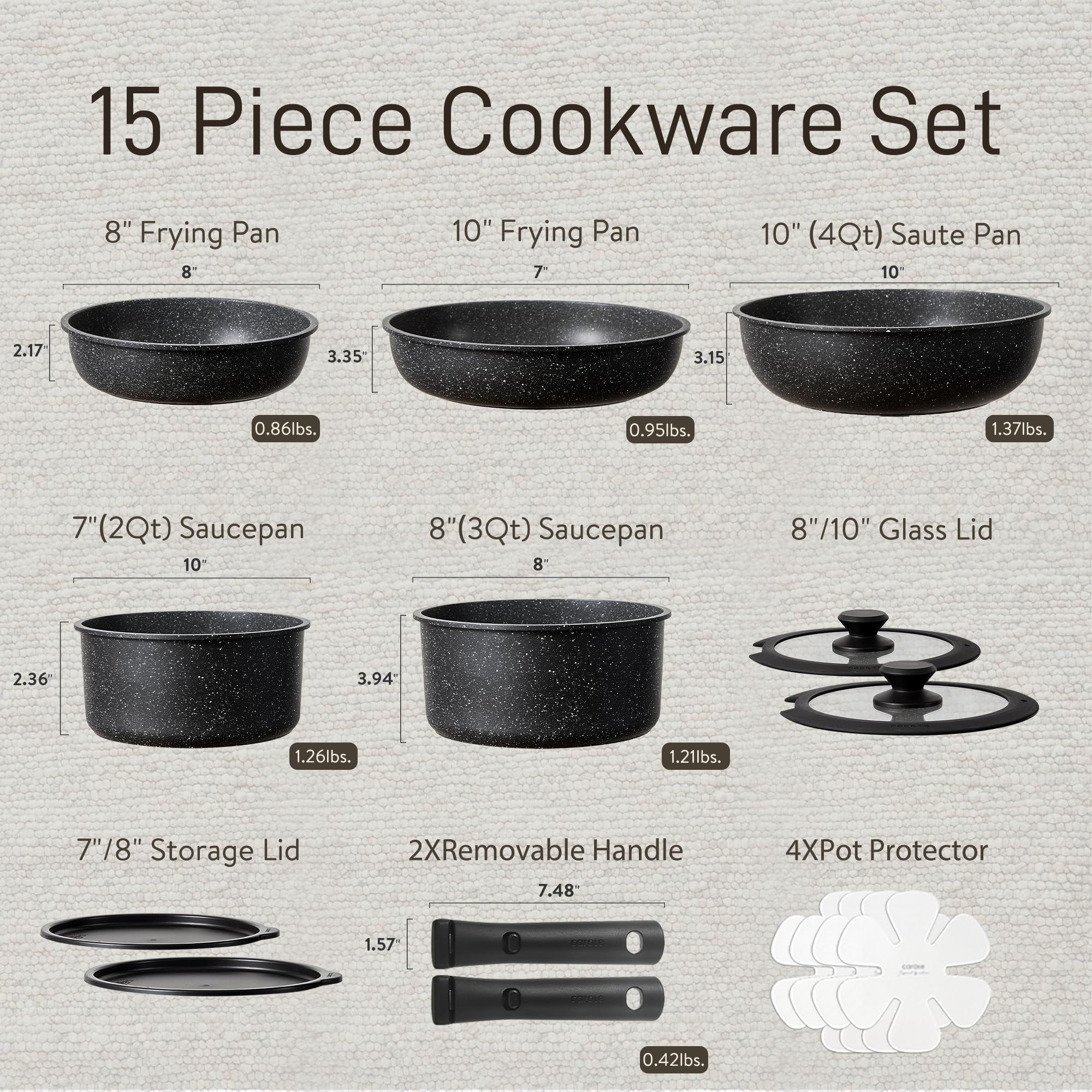 CAROTE 15pcs Pots and Pans Set Non Stick, Cookware Sets, Kitchen Set, Oven/Dishwasher/Fridge Safe, Space Saving Pots Set, Nonstick Set with Versatile Detachable Handle, Induction RV Set - Image 9
