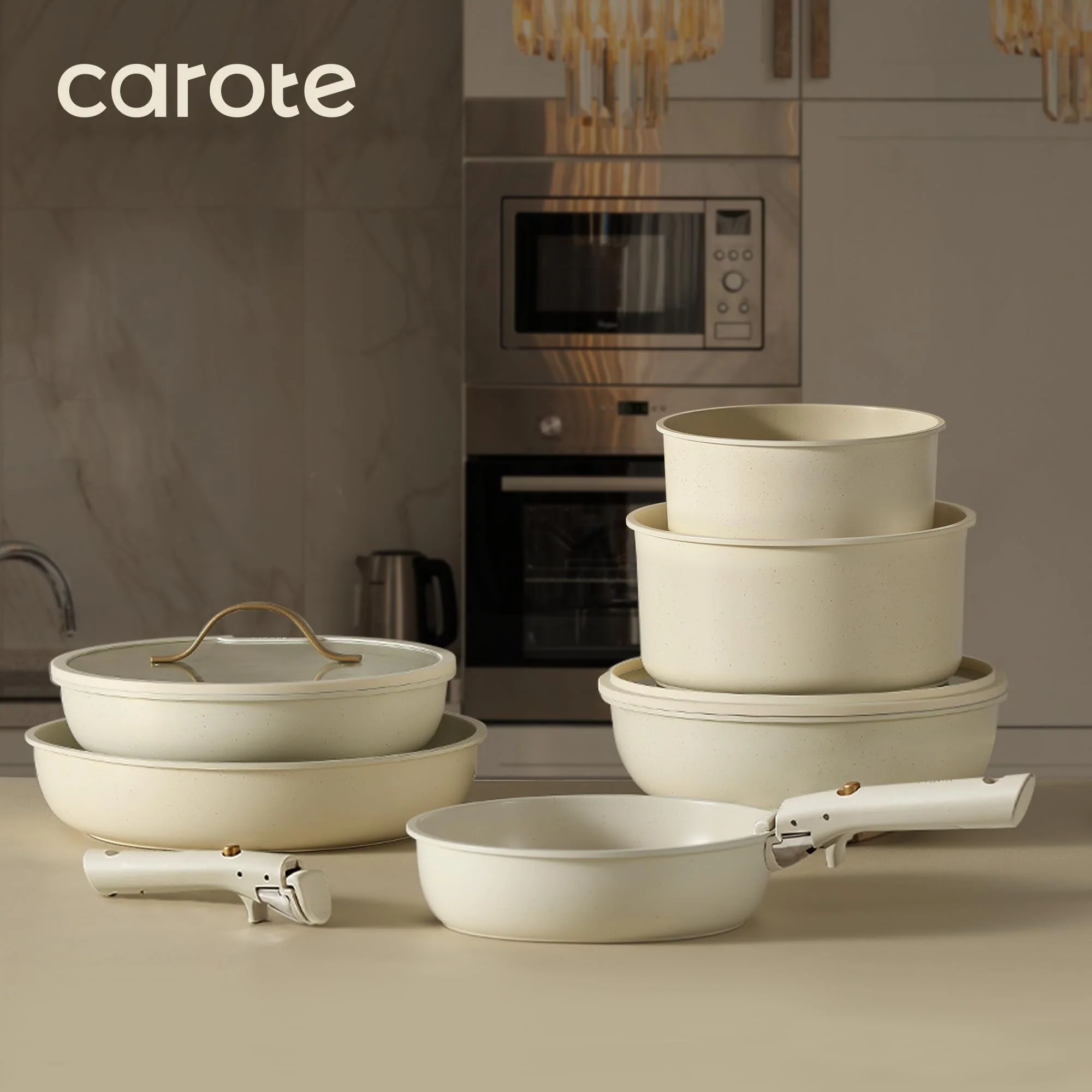 CAROTE 19pcs Pots and Pans Set Non Stick, Cookware Set with Detachable Handle, Kitchen Cookware Sets with Removable Handle, RV Cookware Set, Oven Safe, Cream White - Image 2