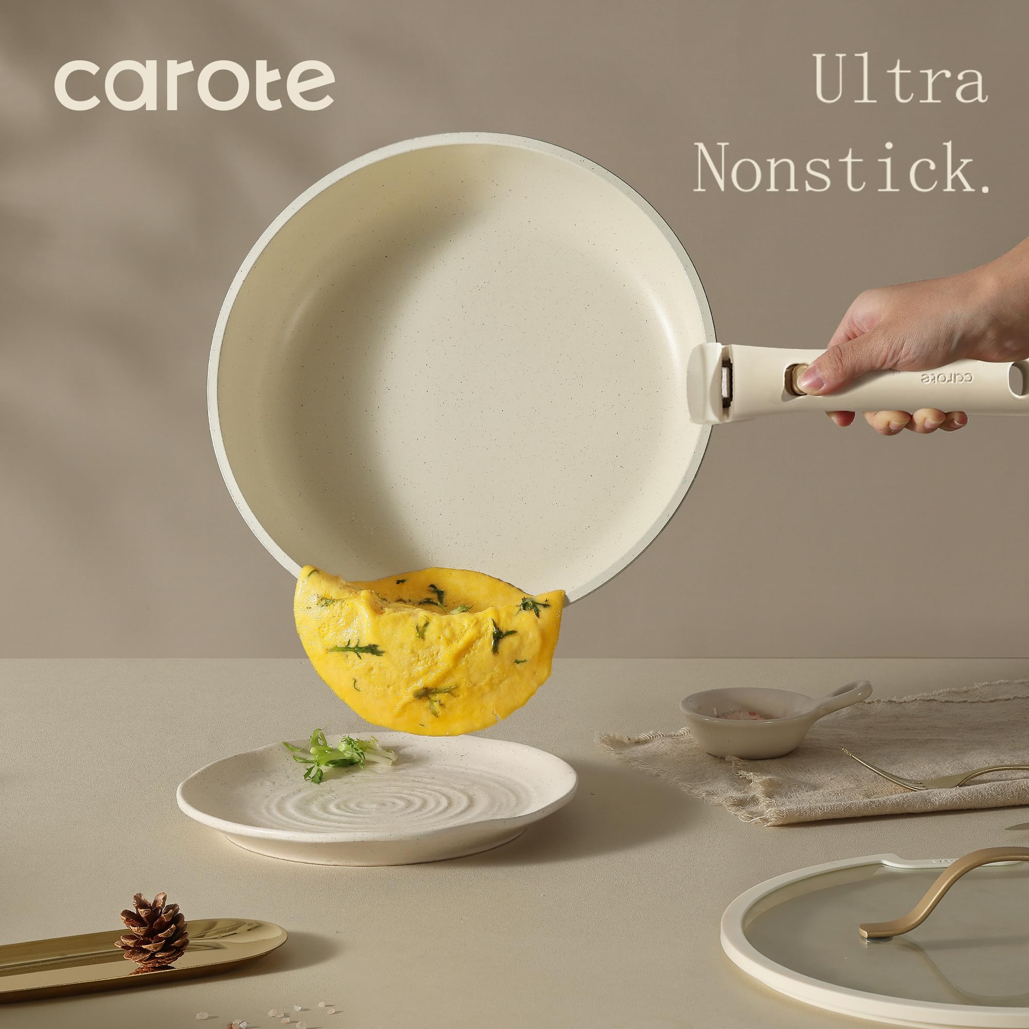 CAROTE 19pcs Pots and Pans Set Non Stick, Cookware Set with Detachable Handle, Kitchen Cookware Sets with Removable Handle, RV Cookware Set, Oven Safe, Cream White - Image 5