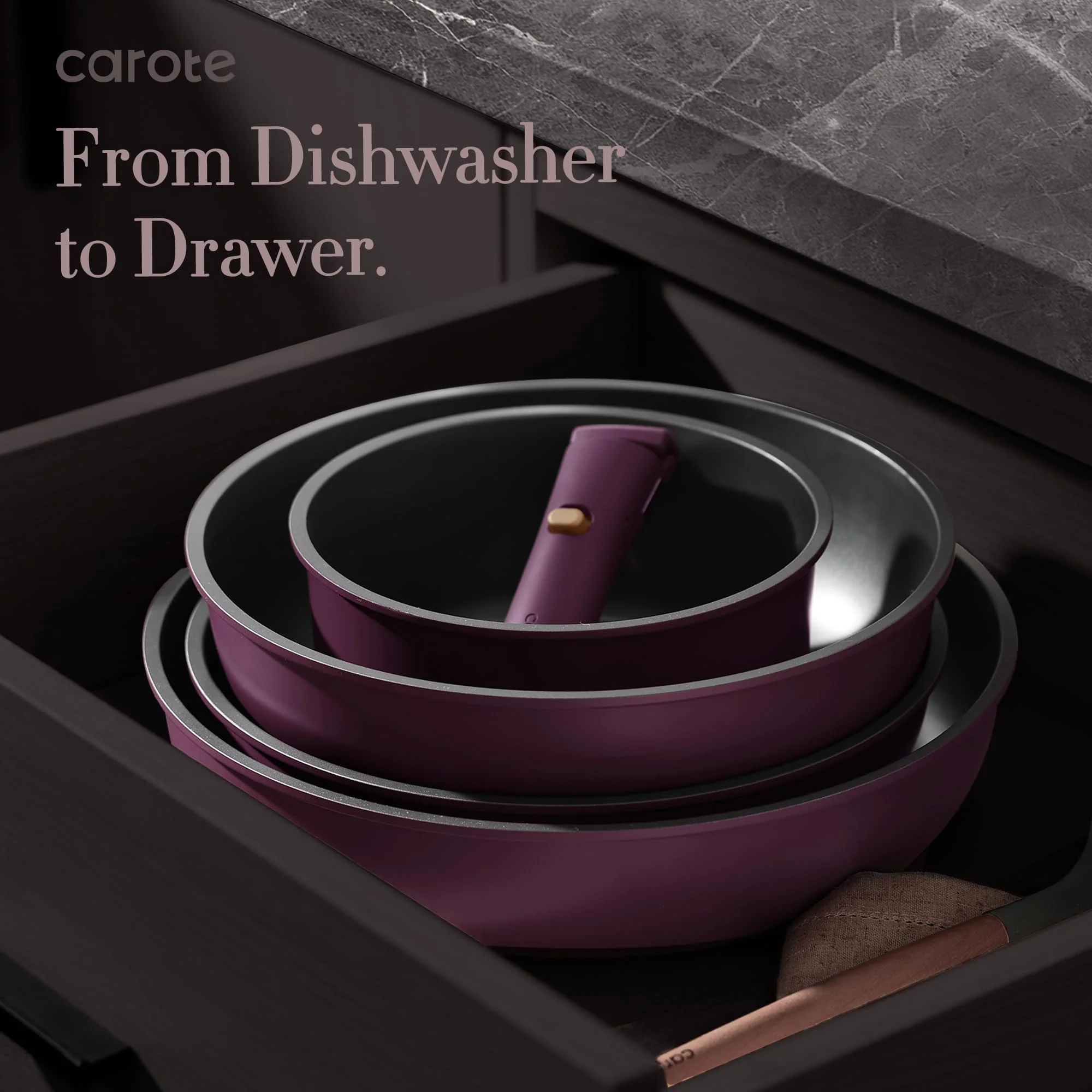 CAROTE 19pcs Pots and Pans Set, Nonstick Cookware Set Detachable Handle, Induction Kitchen Cookware Sets Non Stick with Removable Handle, RV Cookware Set, Gold and Purple - Image 2