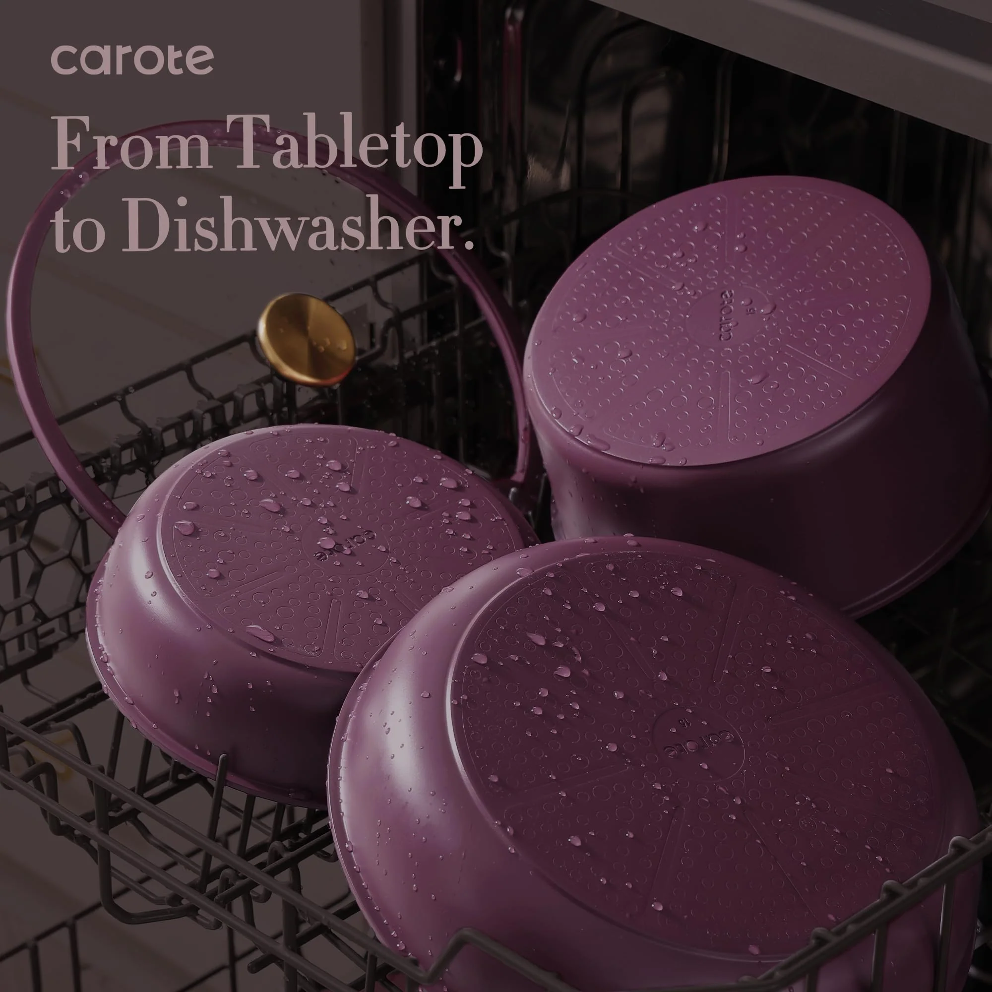 CAROTE 19pcs Pots and Pans Set, Nonstick Cookware Set Detachable Handle, Induction Kitchen Cookware Sets Non Stick with Removable Handle, RV Cookware Set, Gold and Purple - Image 3