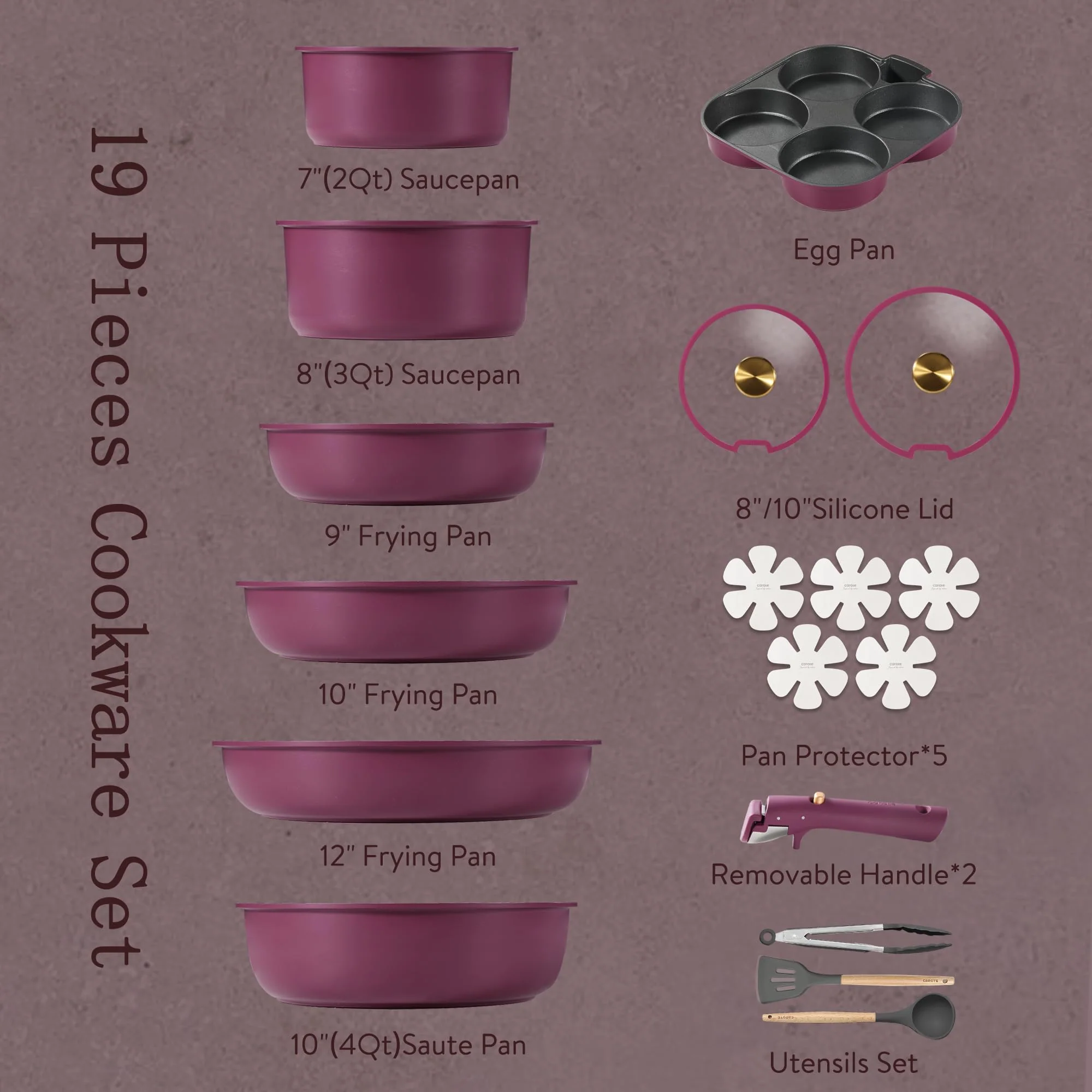 CAROTE 19pcs Pots and Pans Set, Nonstick Cookware Set Detachable Handle, Induction Kitchen Cookware Sets Non Stick with Removable Handle, RV Cookware Set, Gold and Purple - Image 8