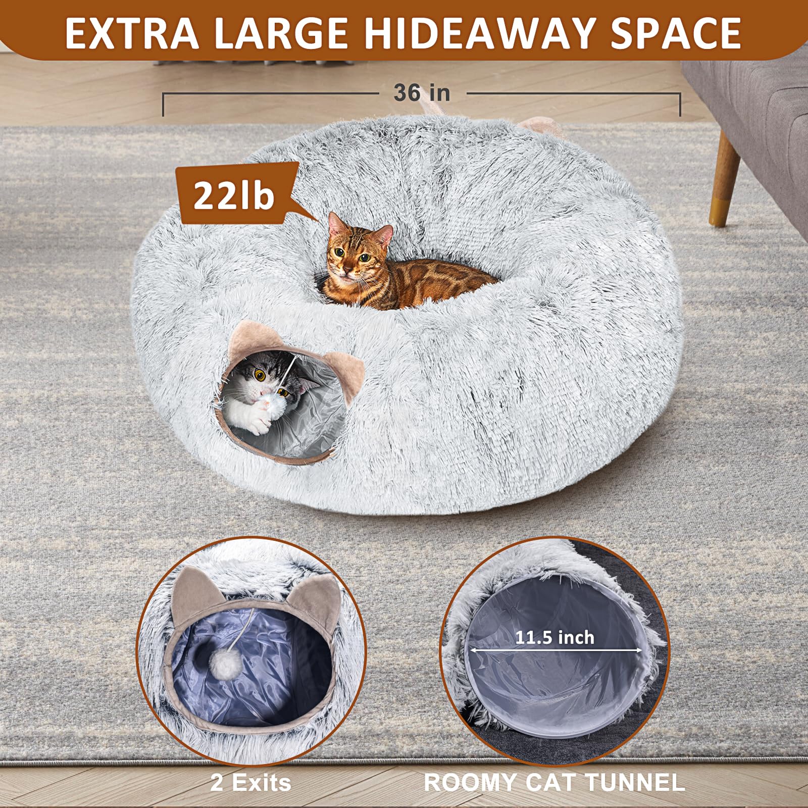 Cat Tunnel with Cat Bed for Indoor Cats, Under Christmas Tree Soft Plush Peekaboo Cat Cave Donut Tunnel, Multifunctional Playground Toys Hideplace for Kittens, Rabbit, Ferret (Grey) - Image 5