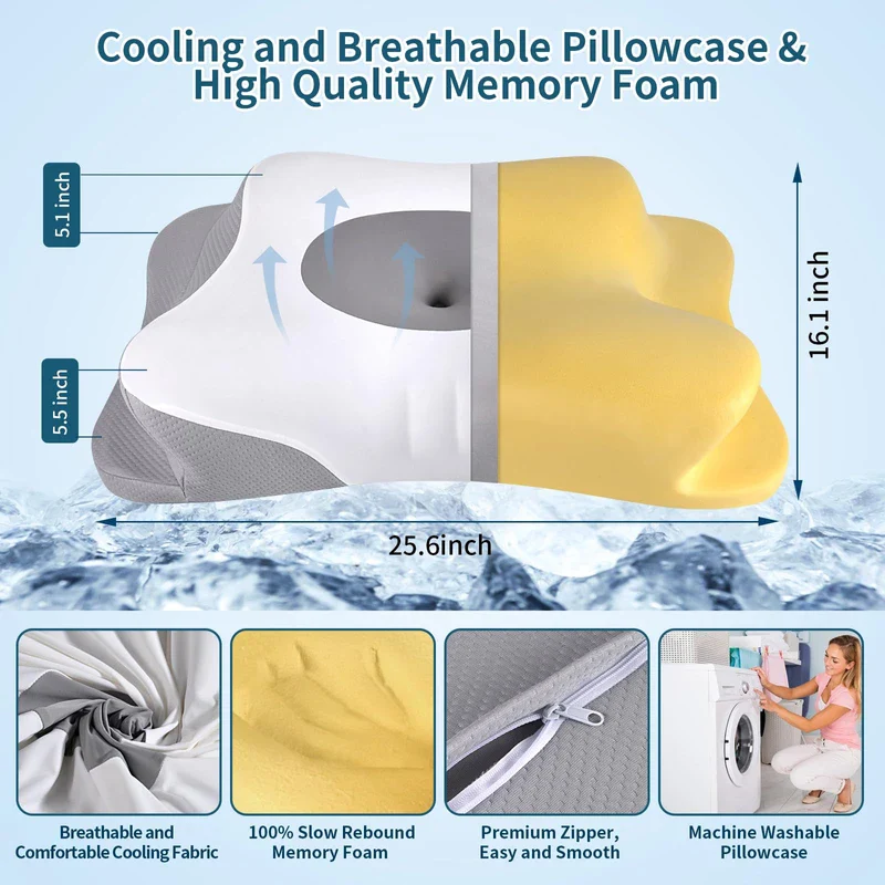 Cervical Neck Pillow - Memory Foam Pillows for Neck Pain Relief, Ergonomic Contour Side Sleeper Pillow for Sleeping, Orthopedic Neck Bed Pillow for Back & Stomach Sleepers with Pillowcase | HAMYODO - Image 3