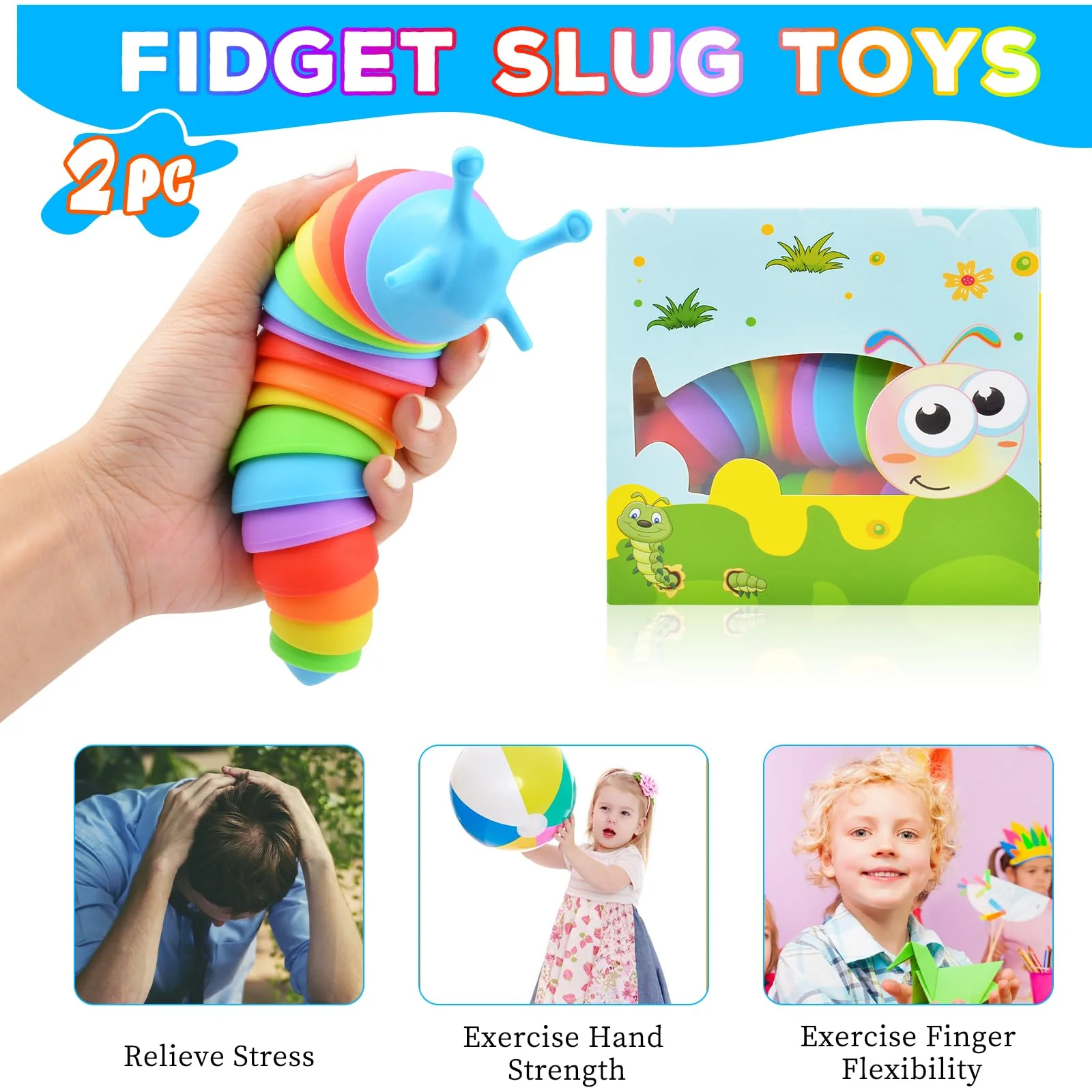 Cevioce Fidget Slug Toy, Sensory Slug Fidget Toy for Kids & Adults, 2 PCS Cute 3D Articulated Sensory Toys - Can Be Spliced, Safe|Exercise Wrist Strength & Stress Relief, Great Gift for ADHD Autism A - Image 5