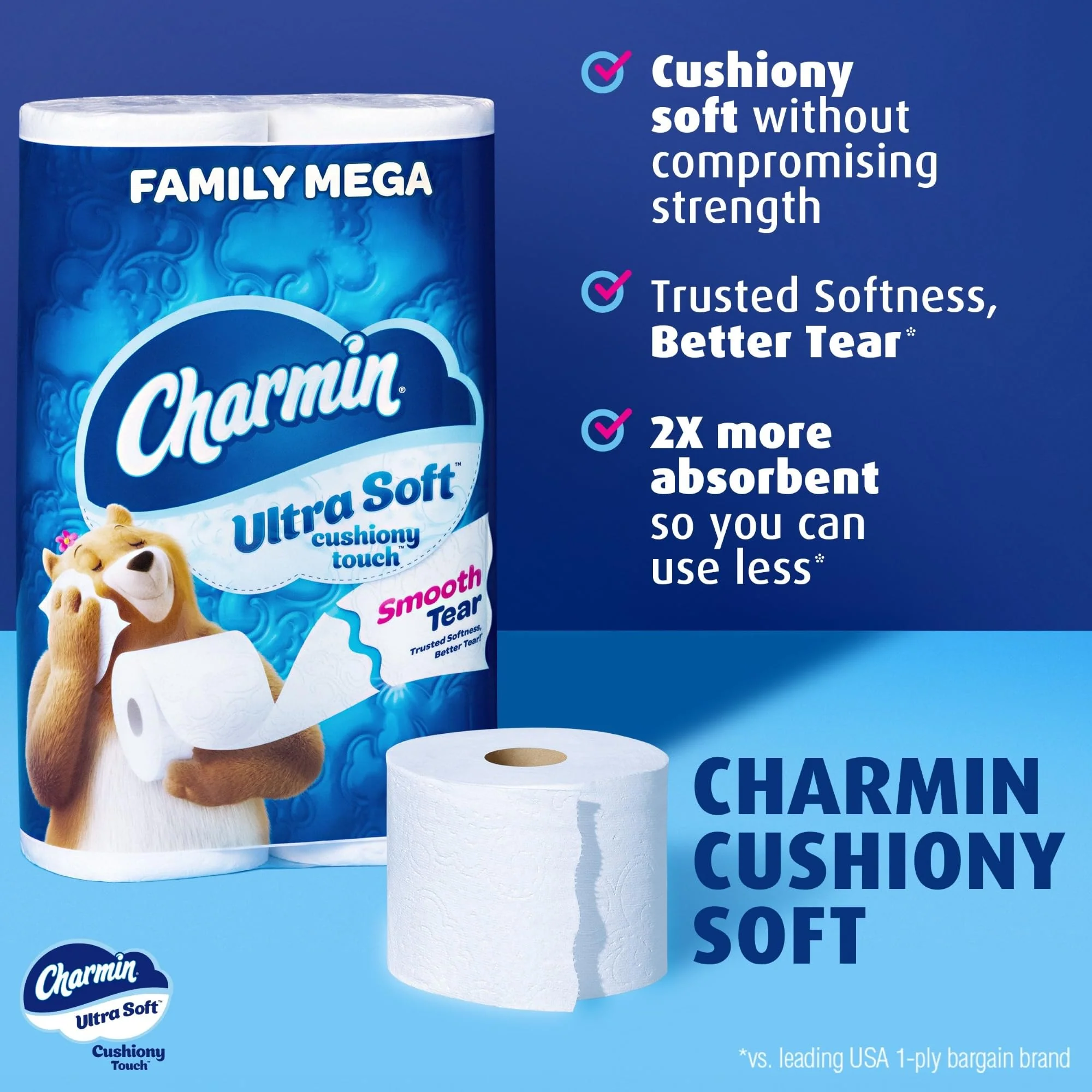 Charmin Ultra Soft Cushiony Touch Toilet Paper, 24 Family Mega Rolls = 123 Regular Rolls - Image 5