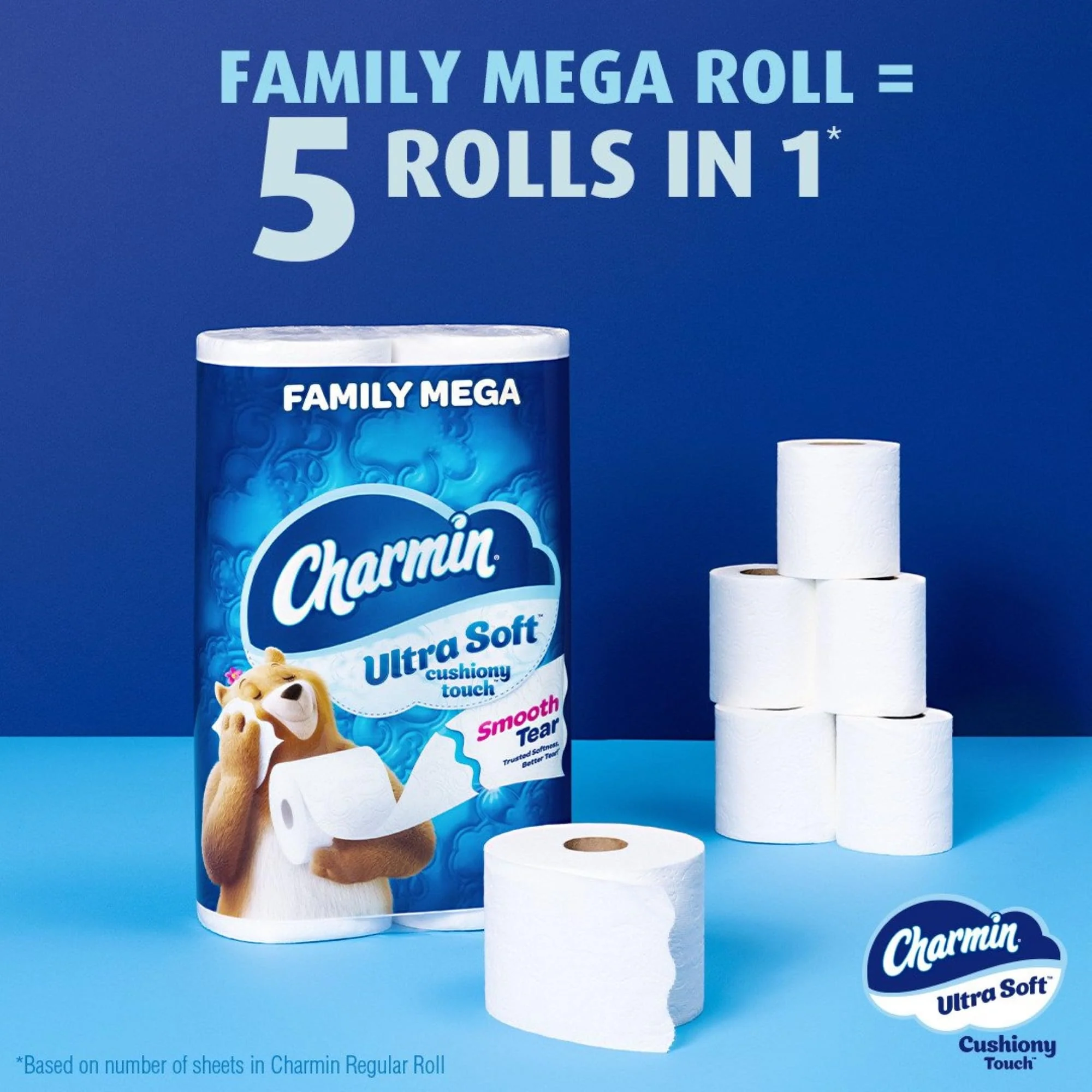 Charmin Ultra Soft Cushiony Touch Toilet Paper, 24 Family Mega Rolls = 123 Regular Rolls - Image 7
