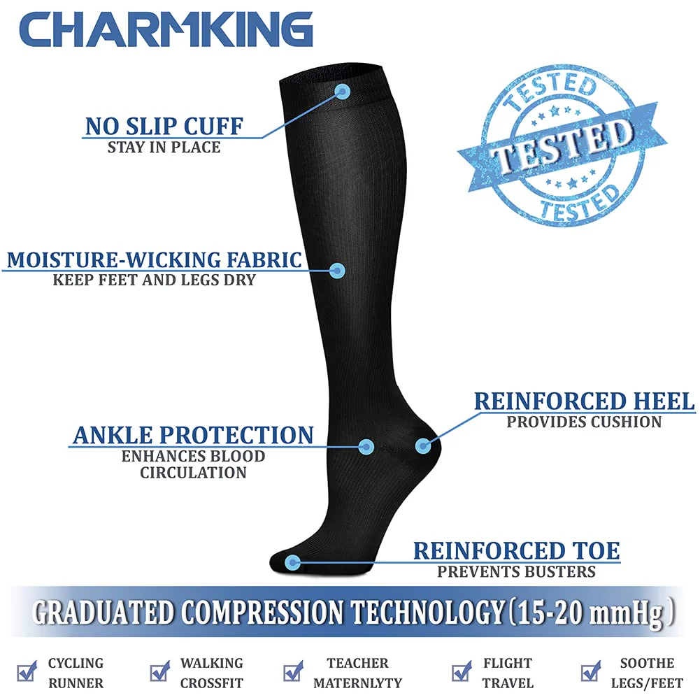 CHARMKING Compression Socks for Women & Men (8 Pairs) 15-20 mmHg Graduated Copper Support Socks are Best for Pregnant, Nurses - Boost Performance, Circulation, Knee High & Wide Calf (L/XL, Multi 02) - Image 5