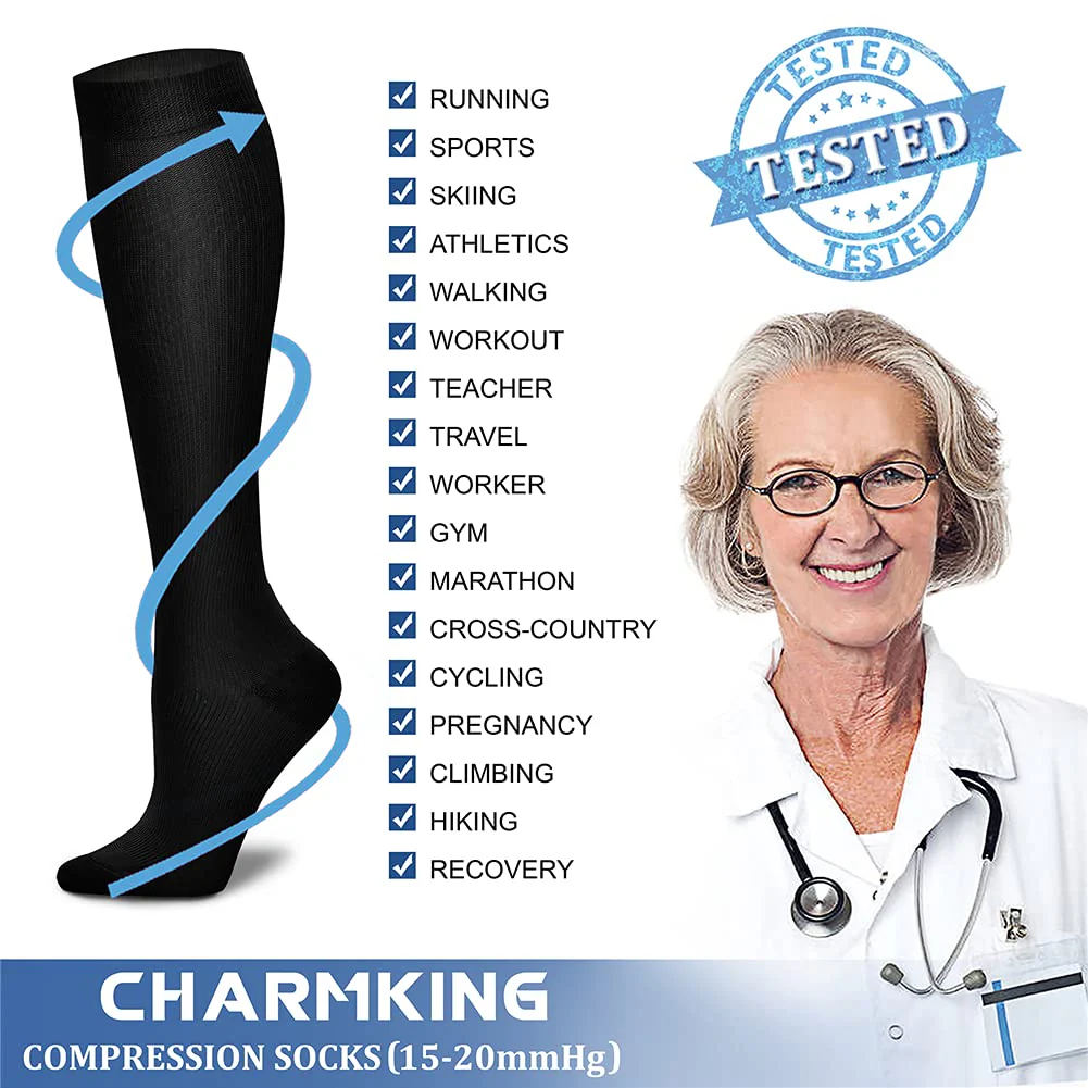 CHARMKING Compression Socks for Women & Men (8 Pairs) 15-20 mmHg Graduated Copper Support Socks are Best for Pregnant, Nurses - Boost Performance, Circulation, Knee High & Wide Calf (L/XL, Multi 05) - Image 4
