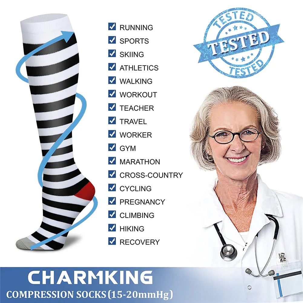 CHARMKING Compression Socks for Women & Men (8 Pairs) 15-20 mmHg Graduated Copper Support Socks are Best for Pregnant, Nurses - Boost Performance, Circulation, Knee High & Wide Calf (L/XL, Multi 13) - Image 4