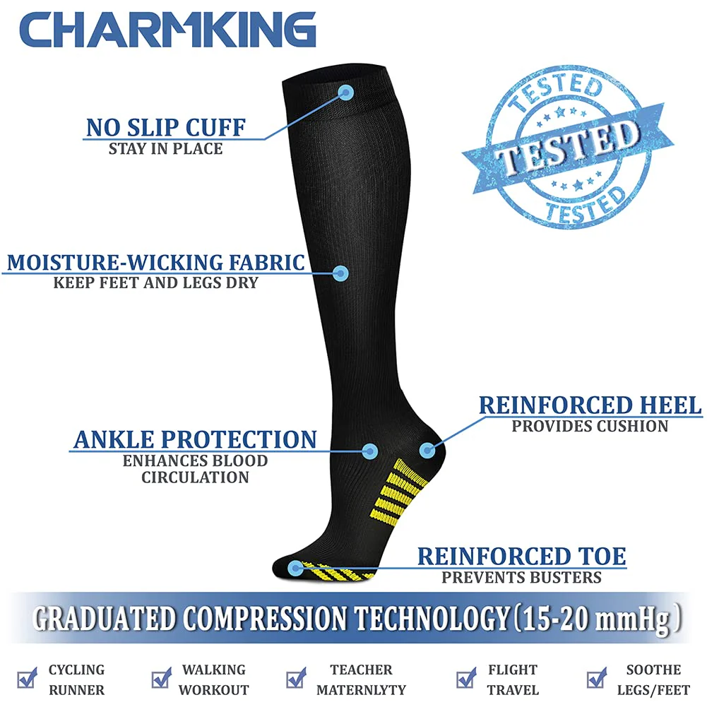 CHARMKING Compression Socks for Women & Men (8 Pairs) 15-20 mmHg Graduated Copper Support Socks are Best for Pregnant, Nurses - Boost Performance, Circulation, Knee High & Wide Calf (L/XL, Multi 32) - Image 5