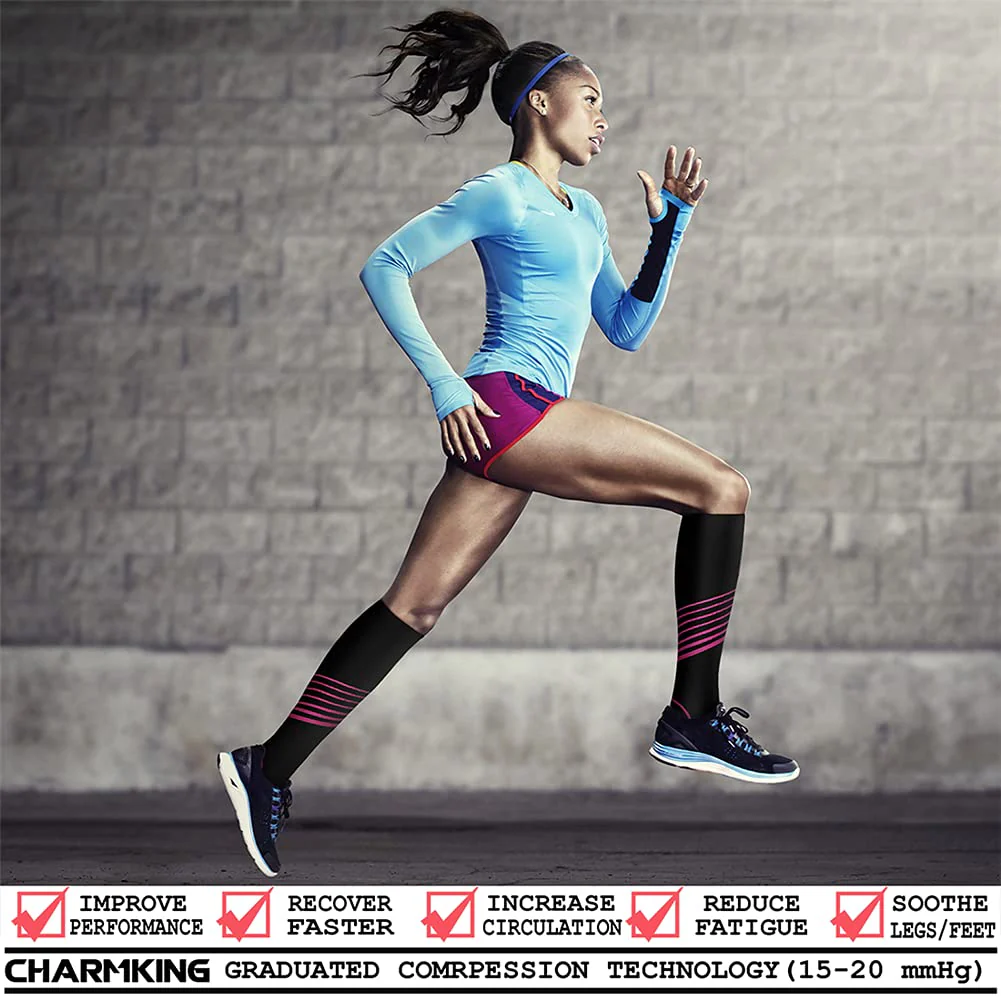CHARMKING Compression Socks for Women & Men (8 Pairs) 15-20 mmHg Graduated Copper Support Socks are Best for Pregnant, Nurses - Boost Performance, Circulation, Knee High & Wide Calf (L/XL, Multi 34) - Image 7