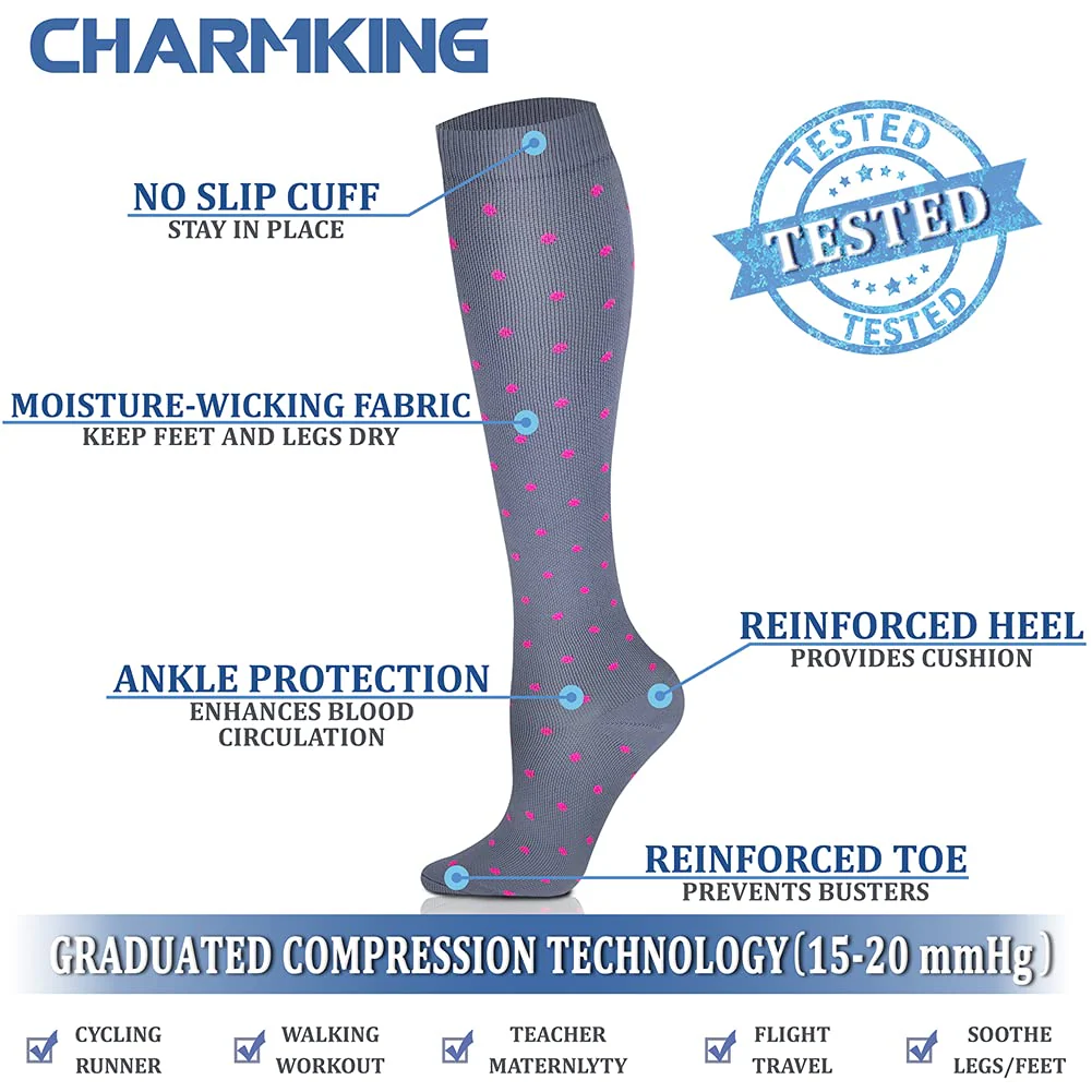 CHARMKING Compression Socks for Women & Men (8 Pairs) 15-20 mmHg Graduated Copper Support Socks are Best for Pregnant, Nurses - Boost Performance, Circulation, Knee High & Wide Calf (L/XL, Multi 41) - Image 5