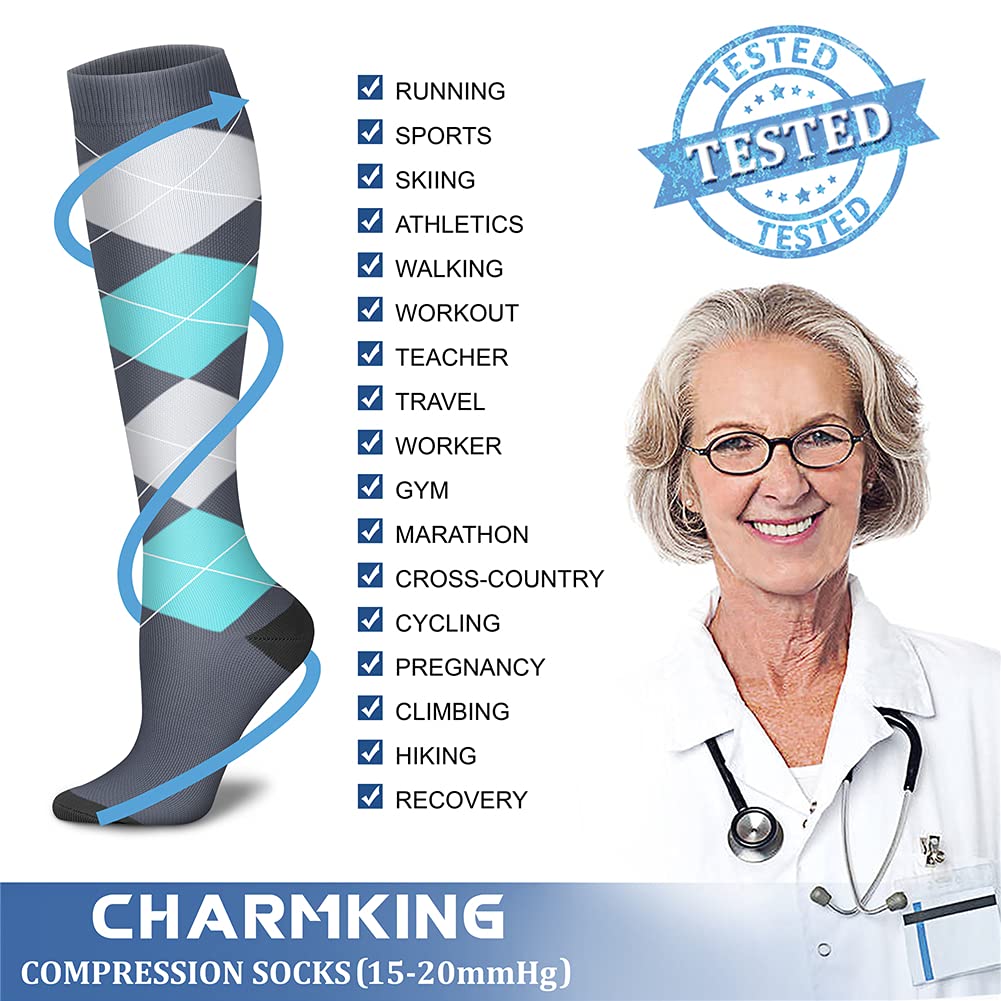 CHARMKING Compression Socks for Women & Men (8 Pairs) 15-20 mmHg Graduated Copper Support Socks are Best for Pregnant, Nurses - Boost Performance, Circulation, Knee High & Wide Calf (L/XL, Multi 42) - Image 4