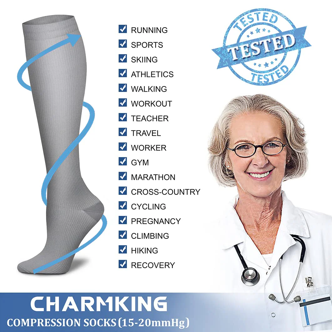 CHARMKING Compression Socks for Women & Men (8 Pairs) 15-20 mmHg Graduated Copper Support Socks are Best for Pregnant, Nurses - Boost Performance, Circulation, Knee High & Wide Calf (L/XL, Multi 44) - Image 4