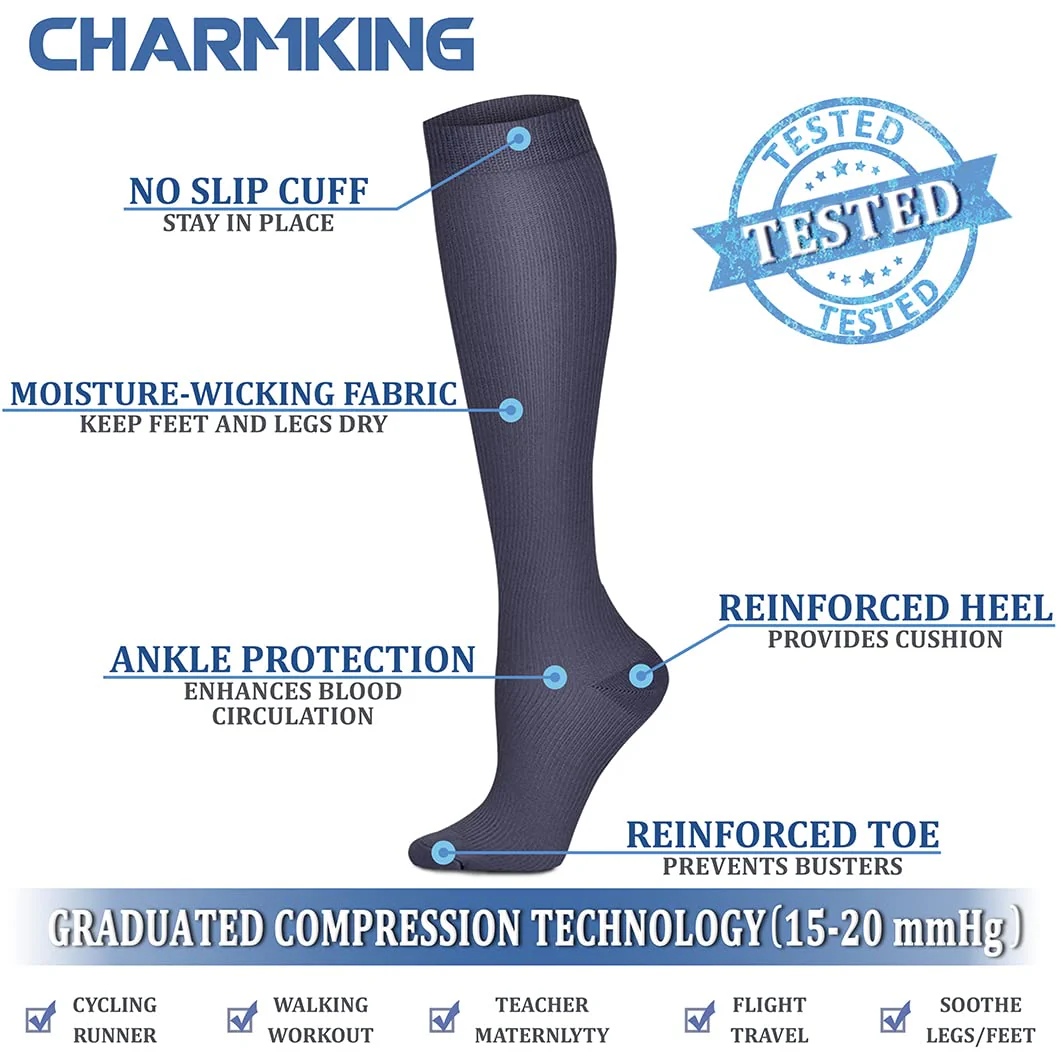 CHARMKING Compression Socks for Women & Men (8 Pairs) 15-20 mmHg Graduated Copper Support Socks are Best for Pregnant, Nurses - Boost Performance, Circulation, Knee High & Wide Calf (L/XL, Multi 44) - Image 5