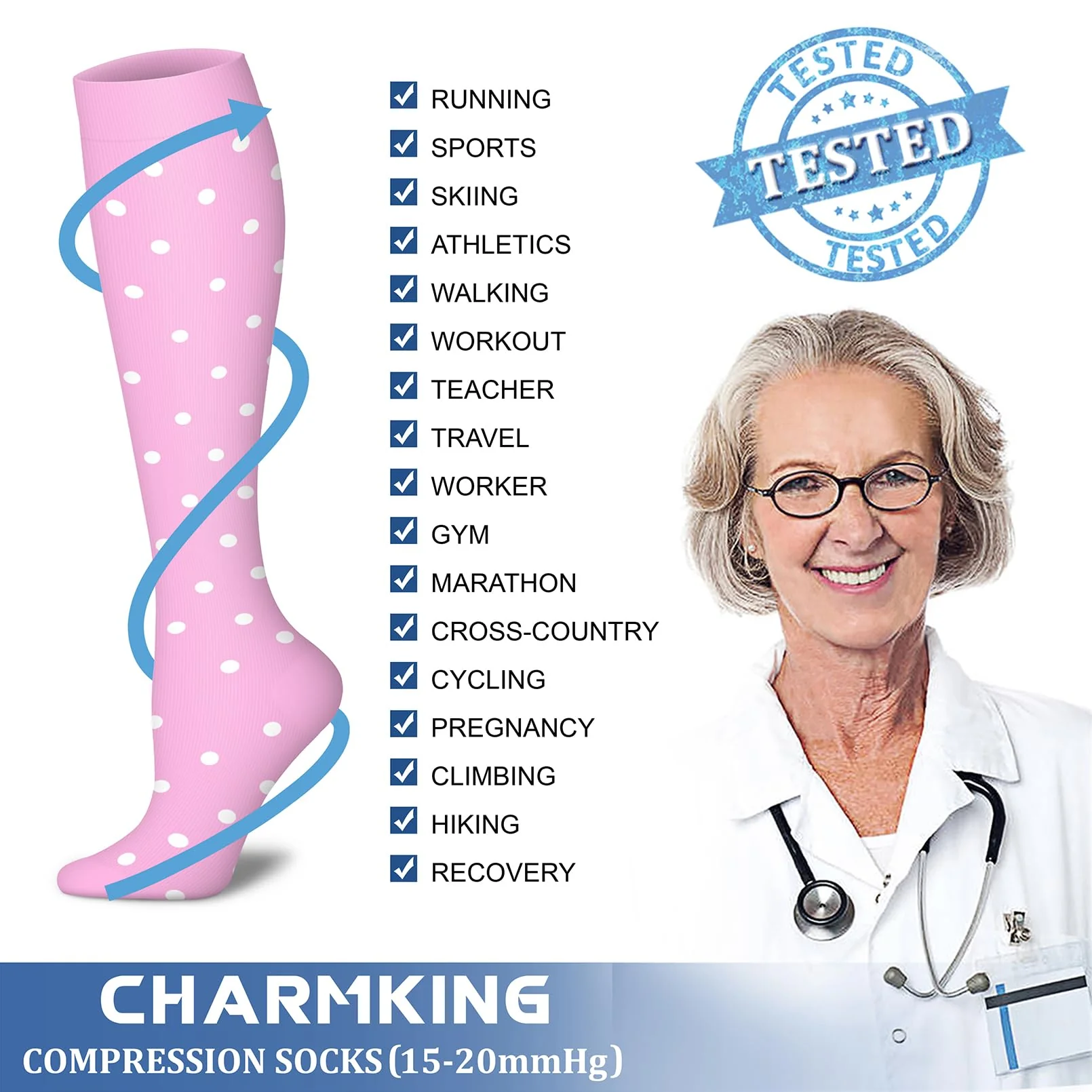 CHARMKING Compression Socks for Women & Men (8 Pairs) 15-20 mmHg Graduated Copper Support Socks are Best for Pregnant, Nurses - Boost Performance, Circulation, Knee High & Wide Calf (L/XL, Multi 53) - Image 4