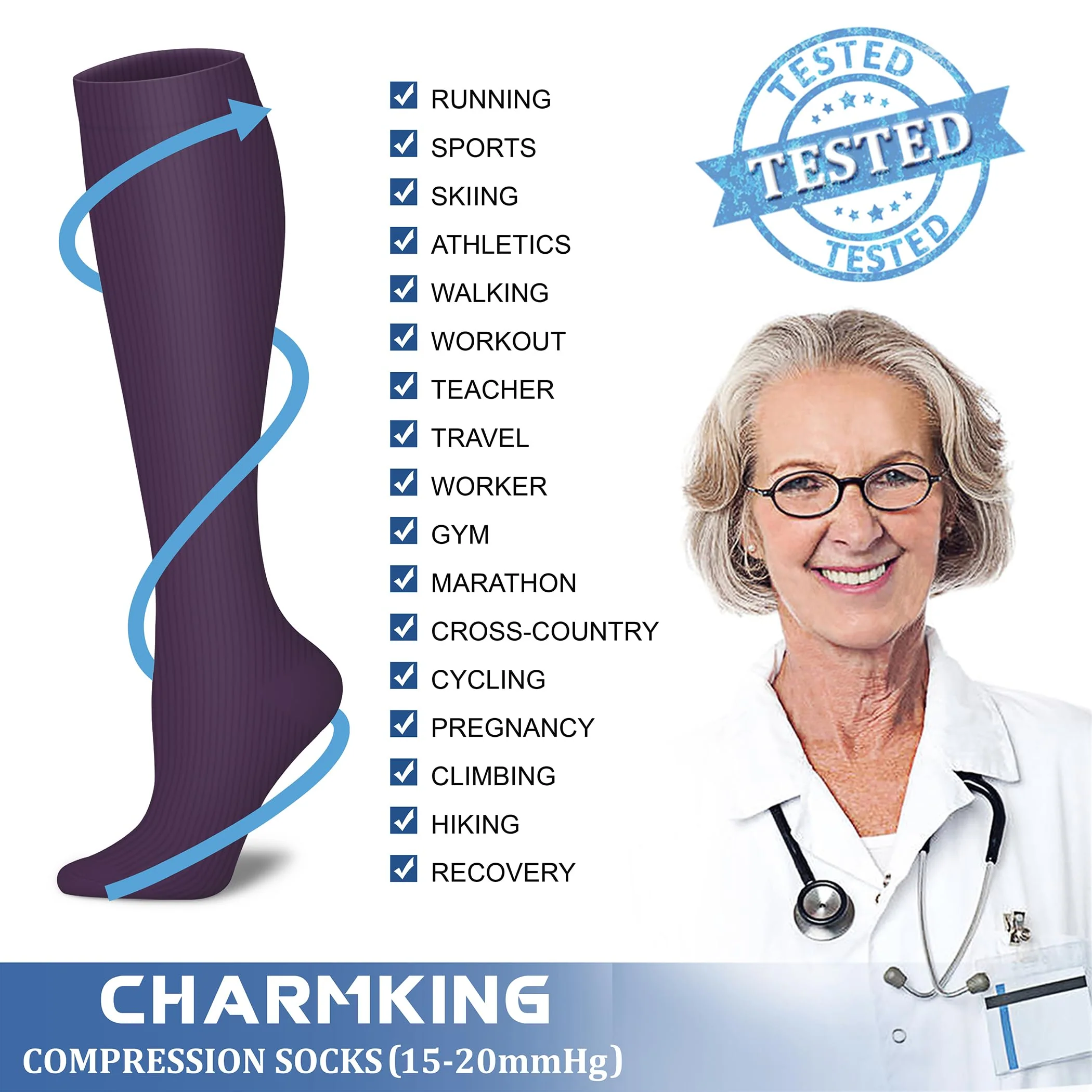CHARMKING Compression Socks for Women & Men (8 Pairs) 15-20 mmHg Graduated Copper Support Socks are Best for Pregnant, Nurses - Boost Performance, Circulation, Knee High & Wide Calf (L/XL, Multi 58) - Image 4