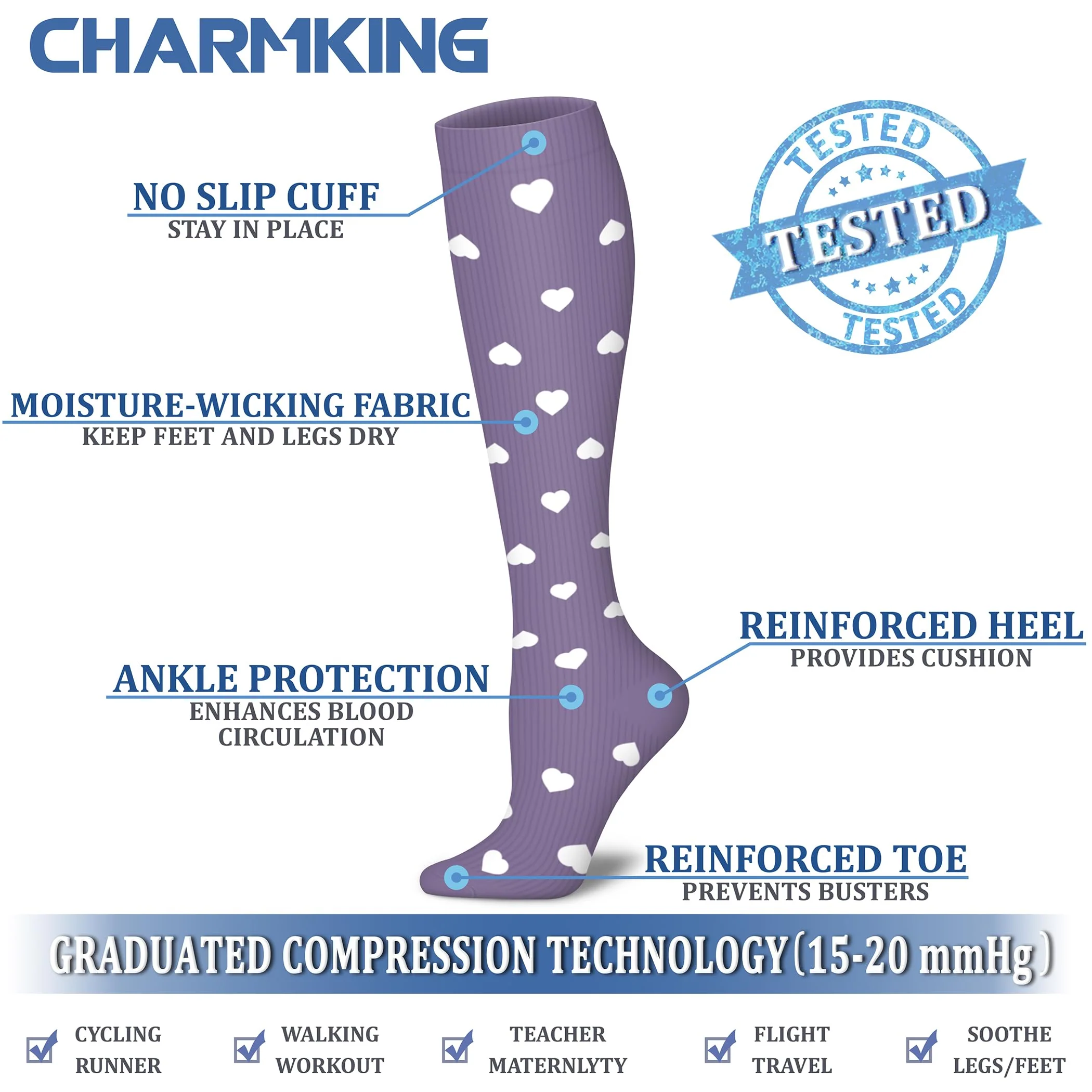 CHARMKING Compression Socks for Women & Men (8 Pairs) 15-20 mmHg Graduated Copper Support Socks are Best for Pregnant, Nurses - Boost Performance, Circulation, Knee High & Wide Calf (L/XL, Multi 58) - Image 5