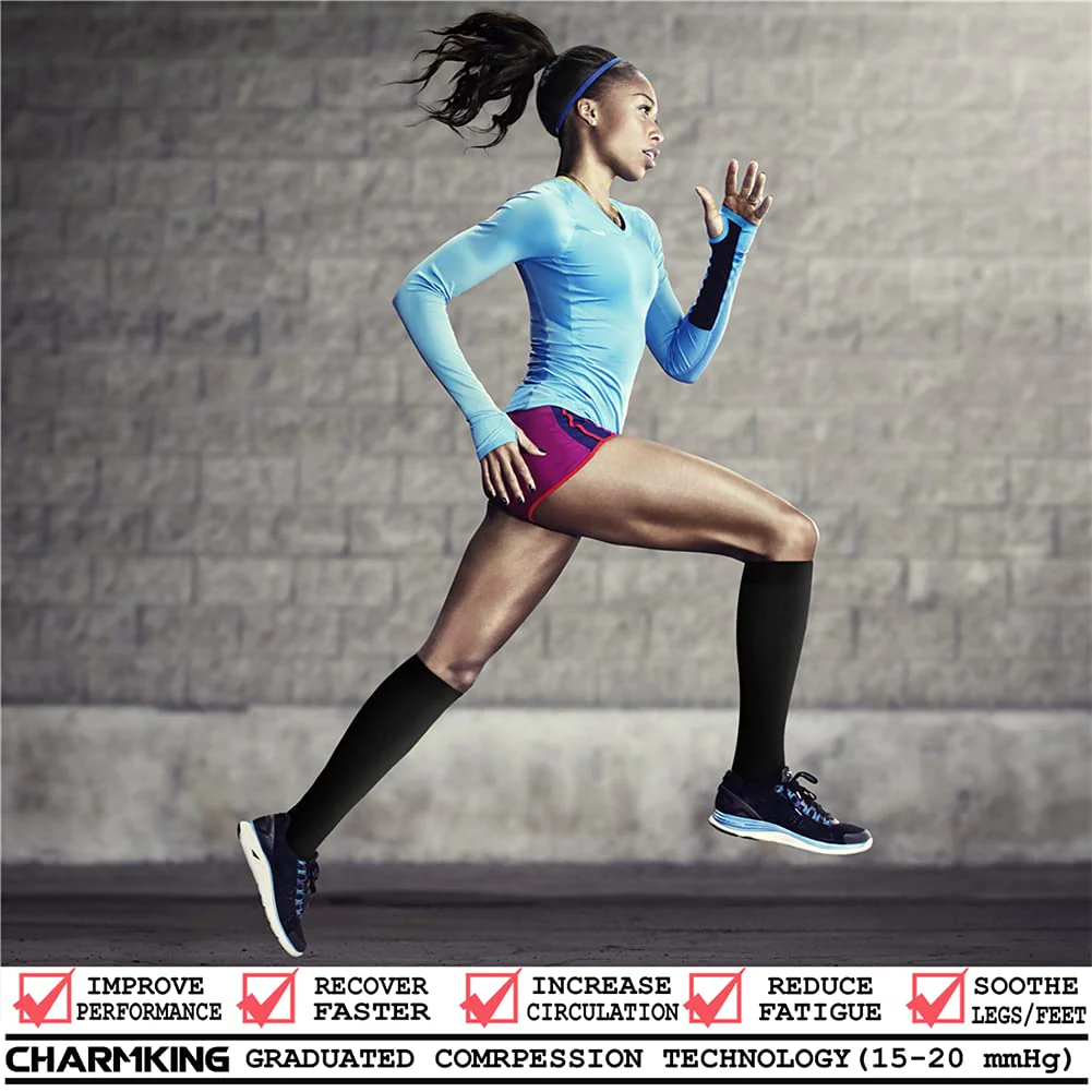 CHARMKING Compression Socks for Women & Men (8 Pairs) 15-20 mmHg Graduated Copper Support Socks are Best for Pregnant, Nurses - Boost Performance, Circulation, Knee High & Wide Calf (S/M, Multi 01) - Image 7