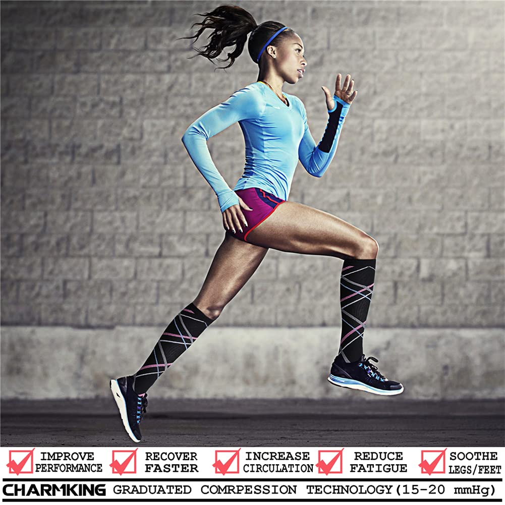 CHARMKING Compression Socks for Women & Men (8 Pairs) 15-20 mmHg Graduated Copper Support Socks are Best for Pregnant, Nurses - Boost Performance, Circulation, Knee High & Wide Calf (S/M, Multi 20) - Image 7