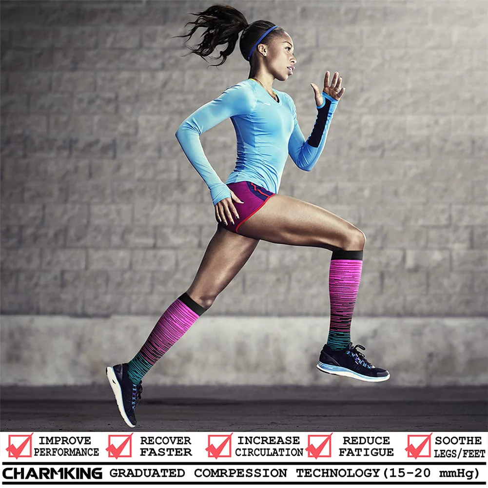 CHARMKING Compression Socks for Women & Men (8 Pairs) 15-20 mmHg Graduated Copper Support Socks are Best for Pregnant, Nurses - Boost Performance, Circulation, Knee High & Wide Calf (S/M, Multi 29) - Image 7