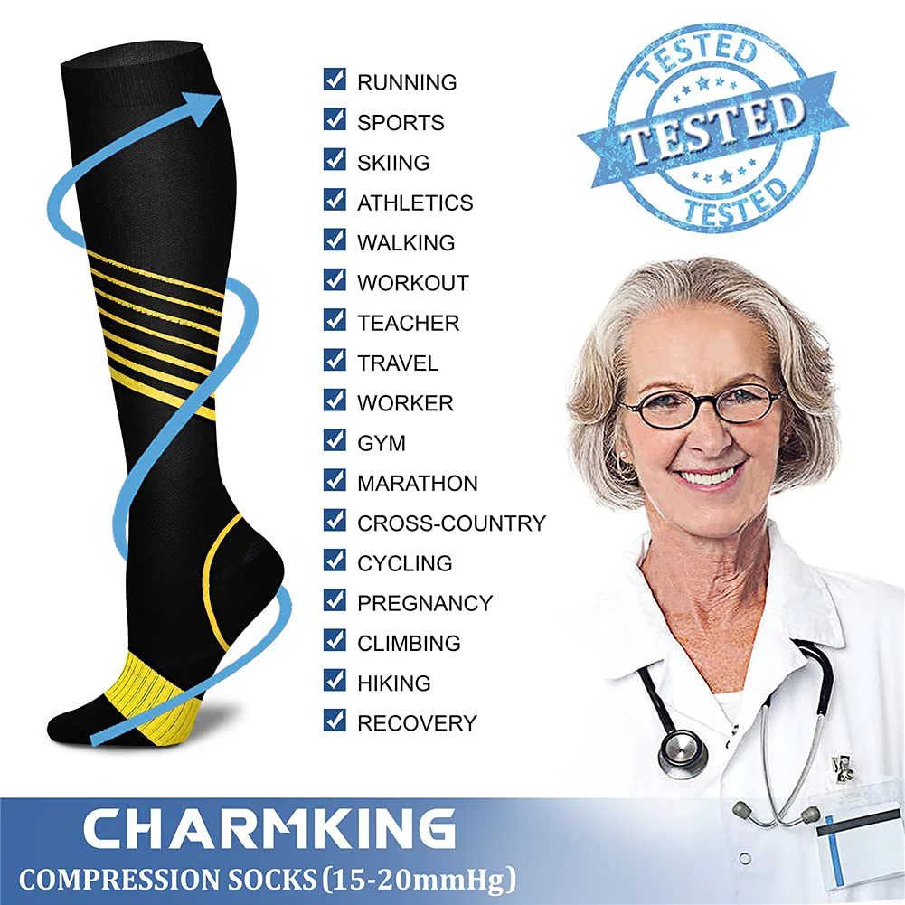 CHARMKING Compression Socks for Women & Men (8 Pairs) 15-20 mmHg Graduated Copper Support Socks are Best for Pregnant, Nurses - Boost Performance, Circulation, Knee High & Wide Calf (S/M, Multi 34) - Image 4