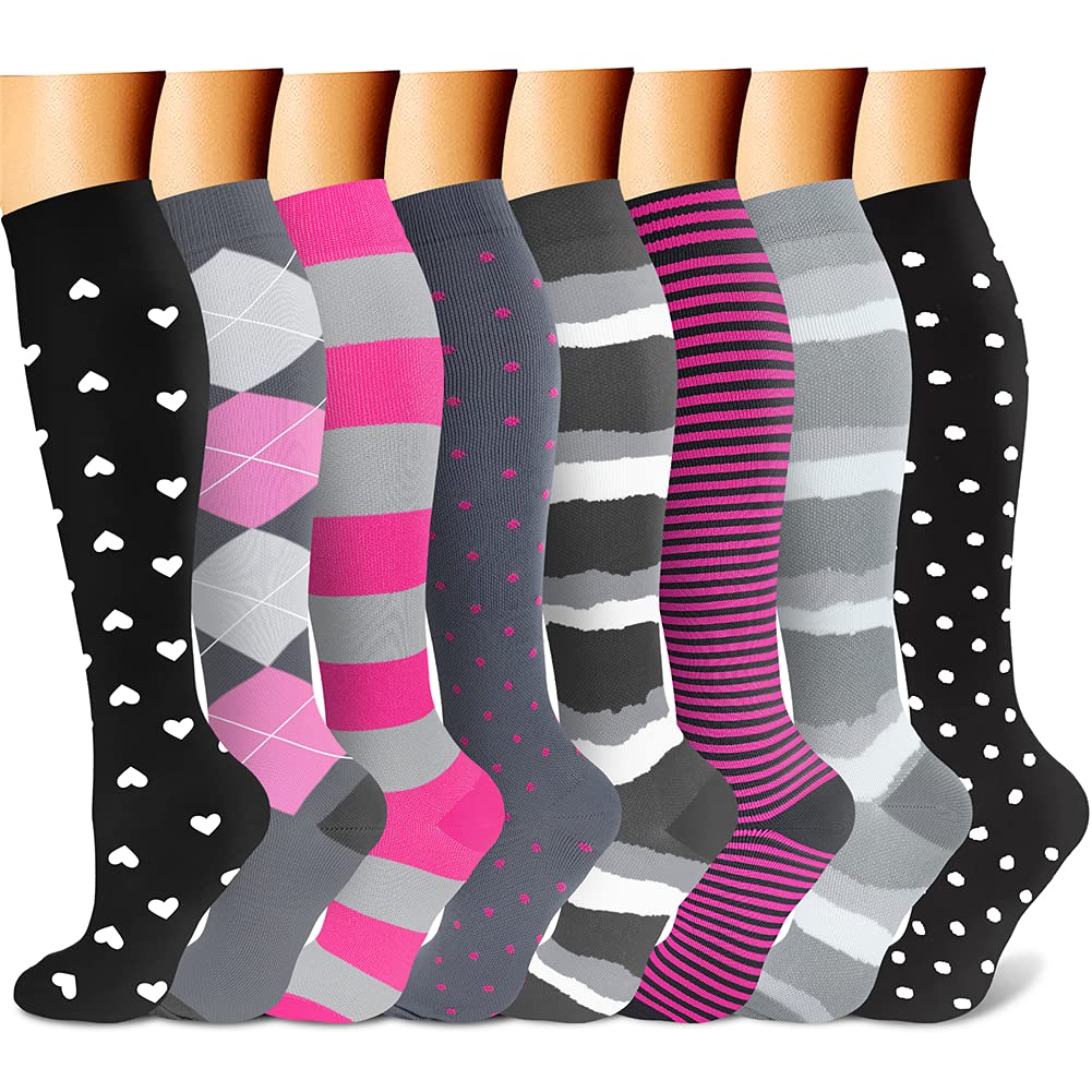 CHARMKING Compression Socks for Women & Men (8 Pairs) 15-20 mmHg Graduated Copper Support Socks are Best for Pregnant, Nurses - Boost Performance, Circulation, Knee High & Wide Calf (S/M, Multi 41)