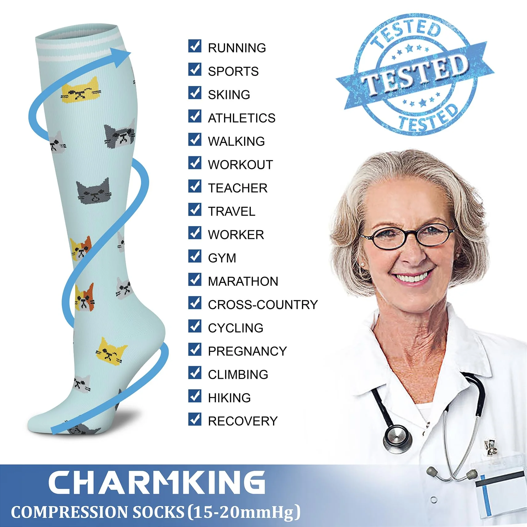 CHARMKING Compression Socks for Women & Men (8 Pairs) 15-20 mmHg Graduated Copper Support Socks are Best for Pregnant, Nurses - Boost Performance, Circulation, Knee High & Wide Calf (S/M, Multi 54) - Image 4
