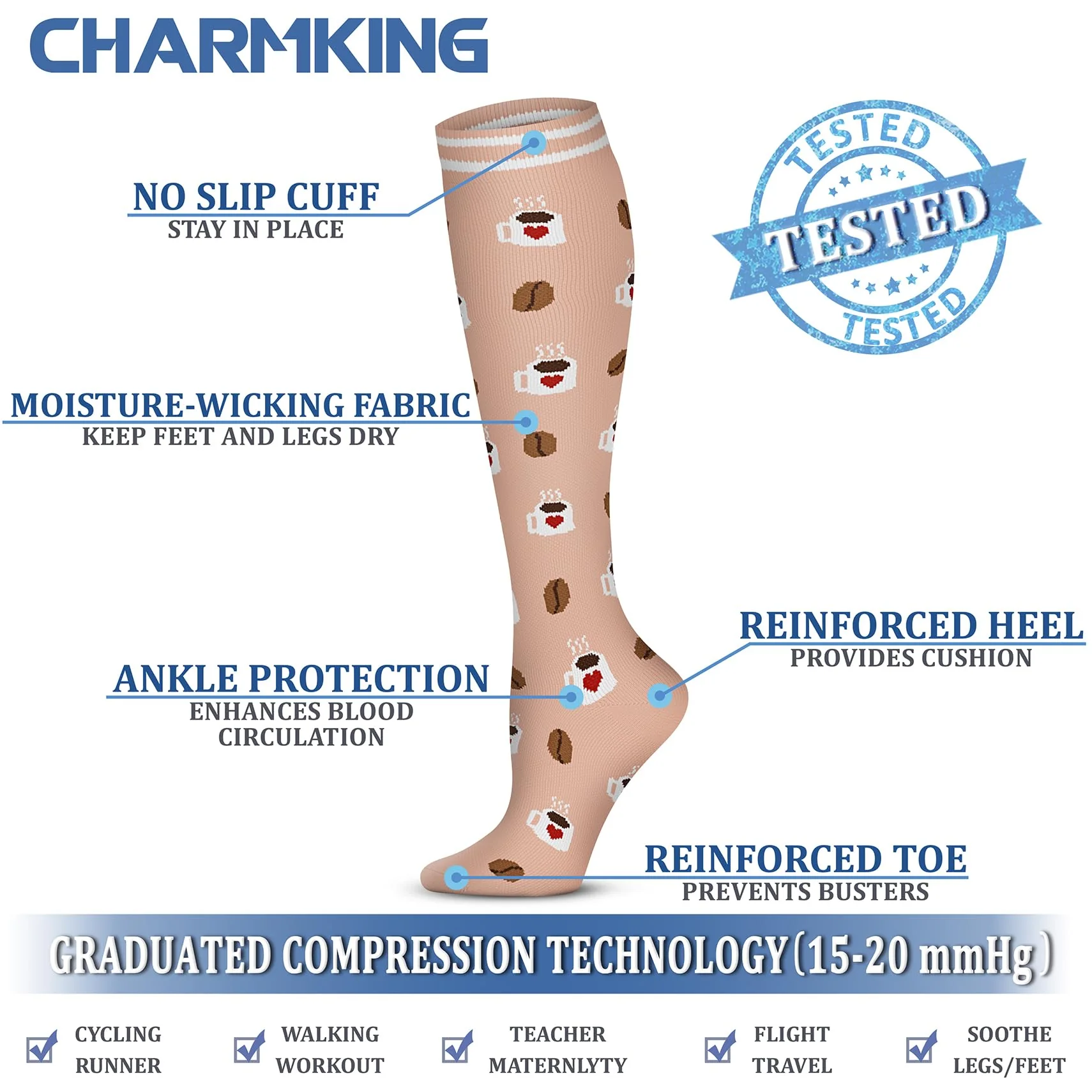CHARMKING Compression Socks for Women & Men (8 Pairs) 15-20 mmHg Graduated Copper Support Socks are Best for Pregnant, Nurses - Boost Performance, Circulation, Knee High & Wide Calf (S/M, Multi 54) - Image 5
