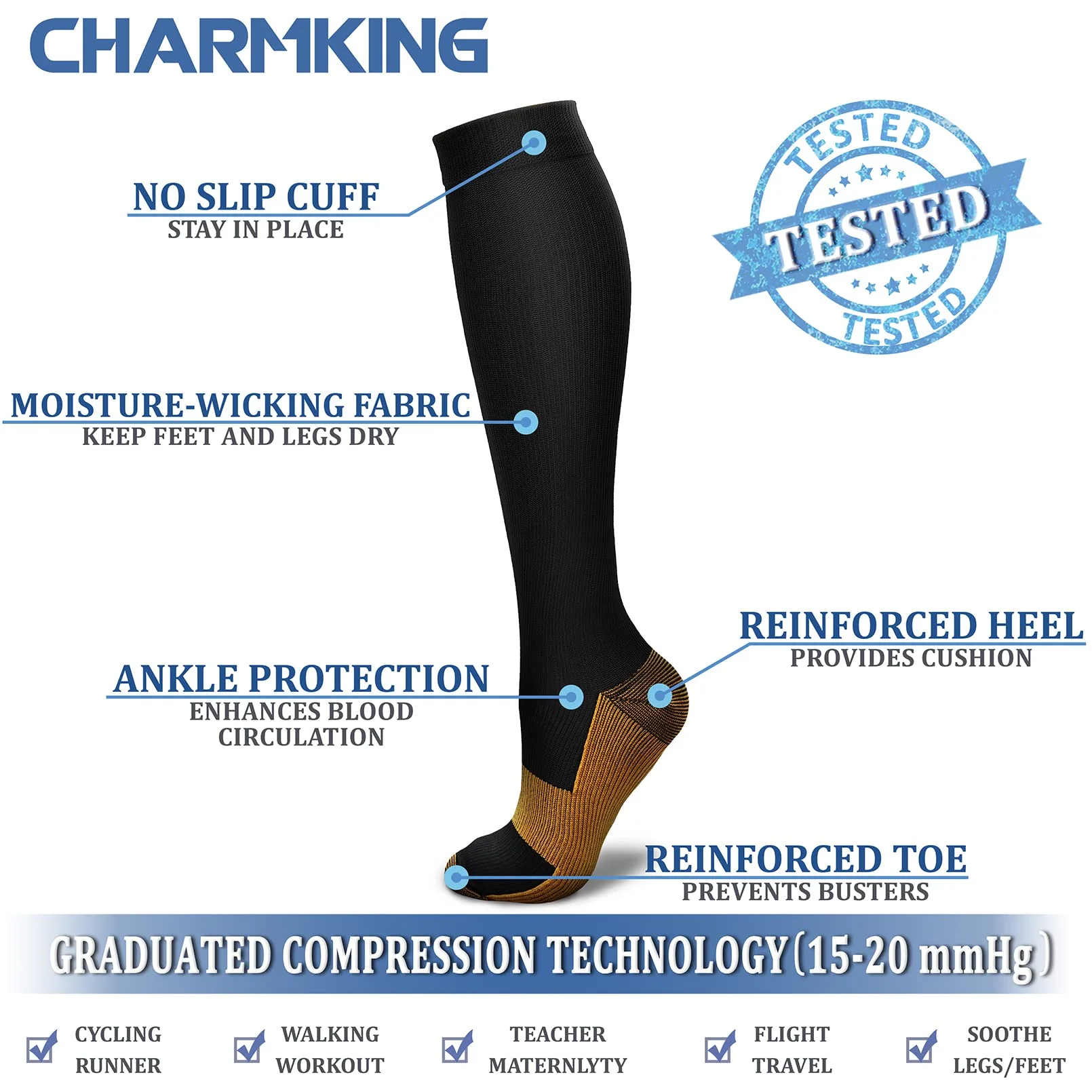 CHARMKING Compression Socks for Women & Men Circulation 8 Pairs 15-20 mmHg is BEST Graduated for Nurses, Support, Athletics, Cycling, Running, Flight Travel, Pregnancy, Boost Performance(Multi 48,S/M) - Image 5