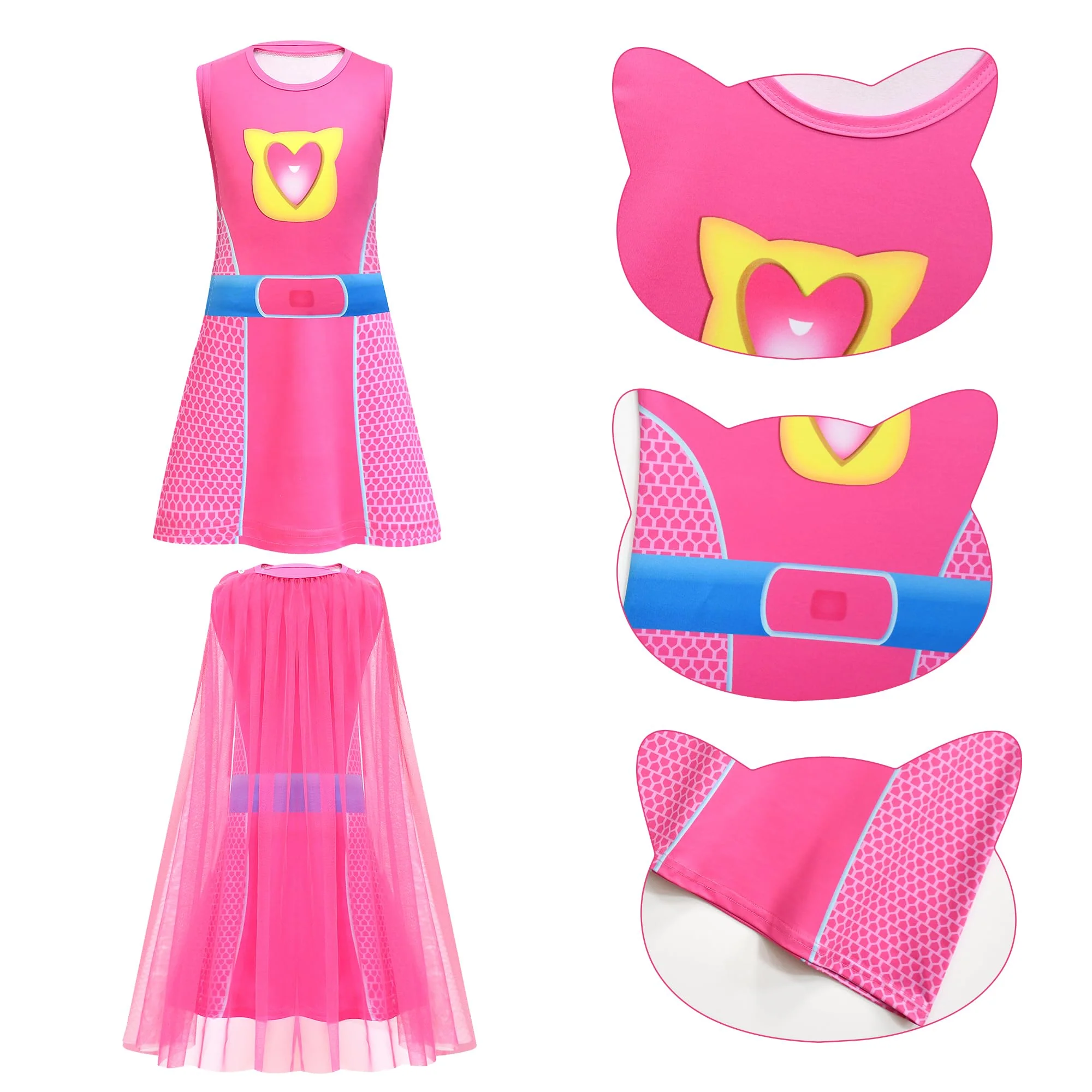 CheerfulChic Superhero Lace Cloak Dress With Headband Mask Birthday Halloween Christmas Costume For Kids(140cm) rose red - Image 4