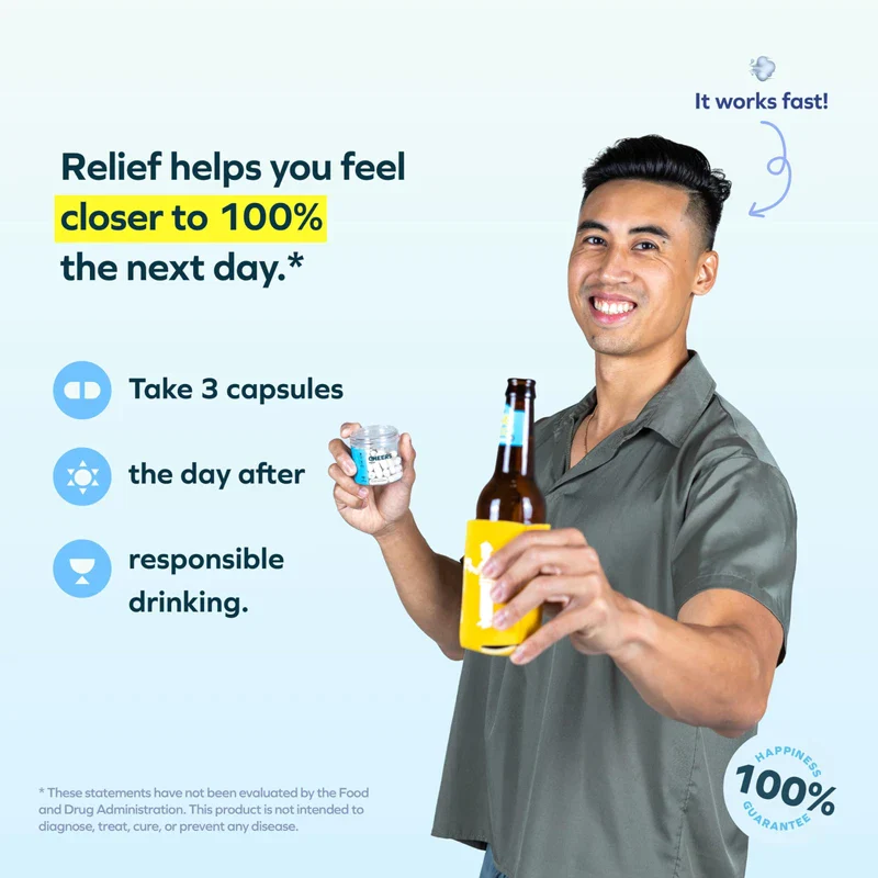 Cheers Relief | Next Morning Aid with Ginger + White Willow Bark | Feel Better After Drinking | 12 Doses | Ginger, White Willow Bark, L-Theanine, Caffeine - Image 2