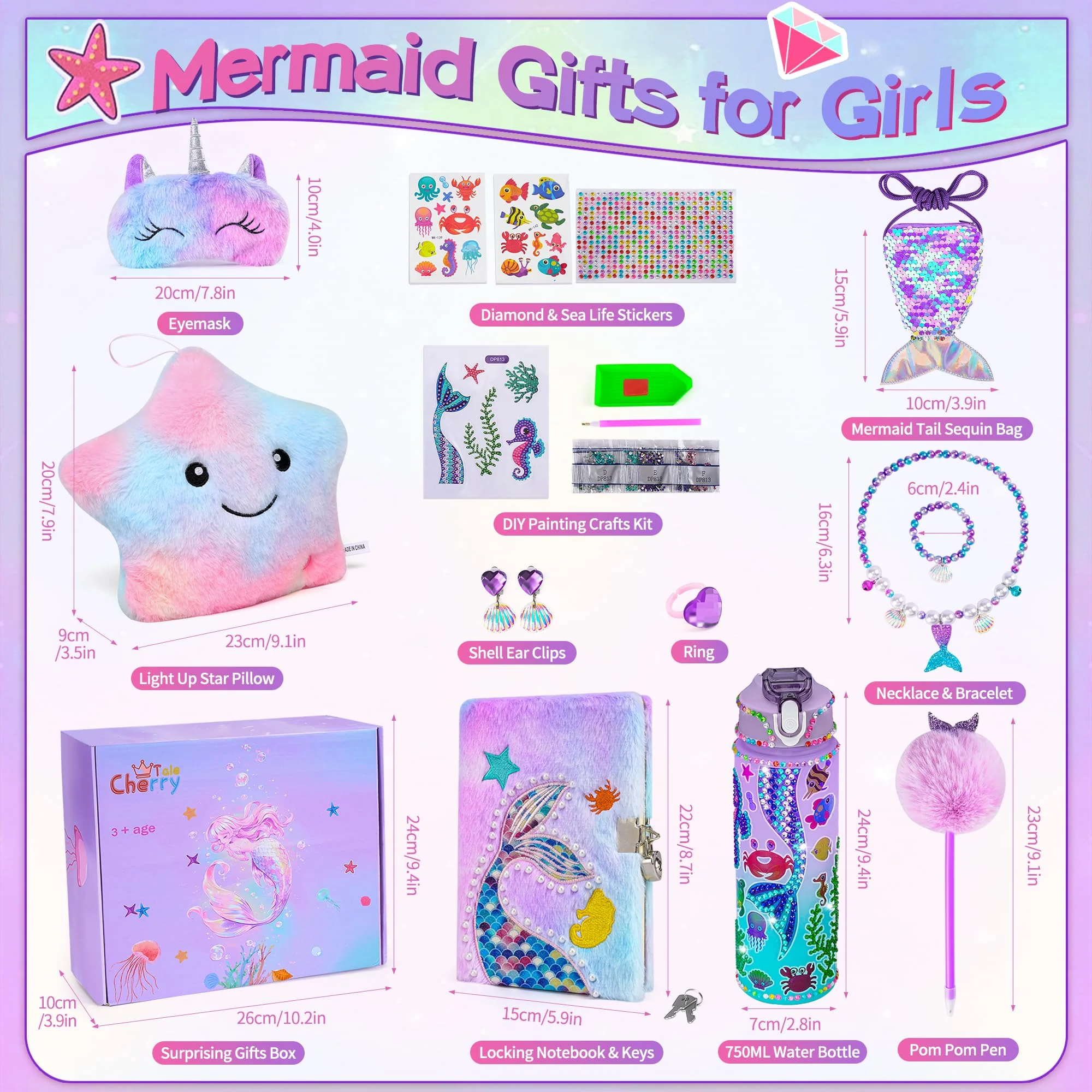 Cherry Tale Mermaid Toys Gifts for Girls 4-6 7 8 9 10 Years Old, Girls Birthday Gifts Set with Light Up Star Pillow Diary Plush DIY Water Bottle Kits, for Daughter Niece Christmas - Image 7