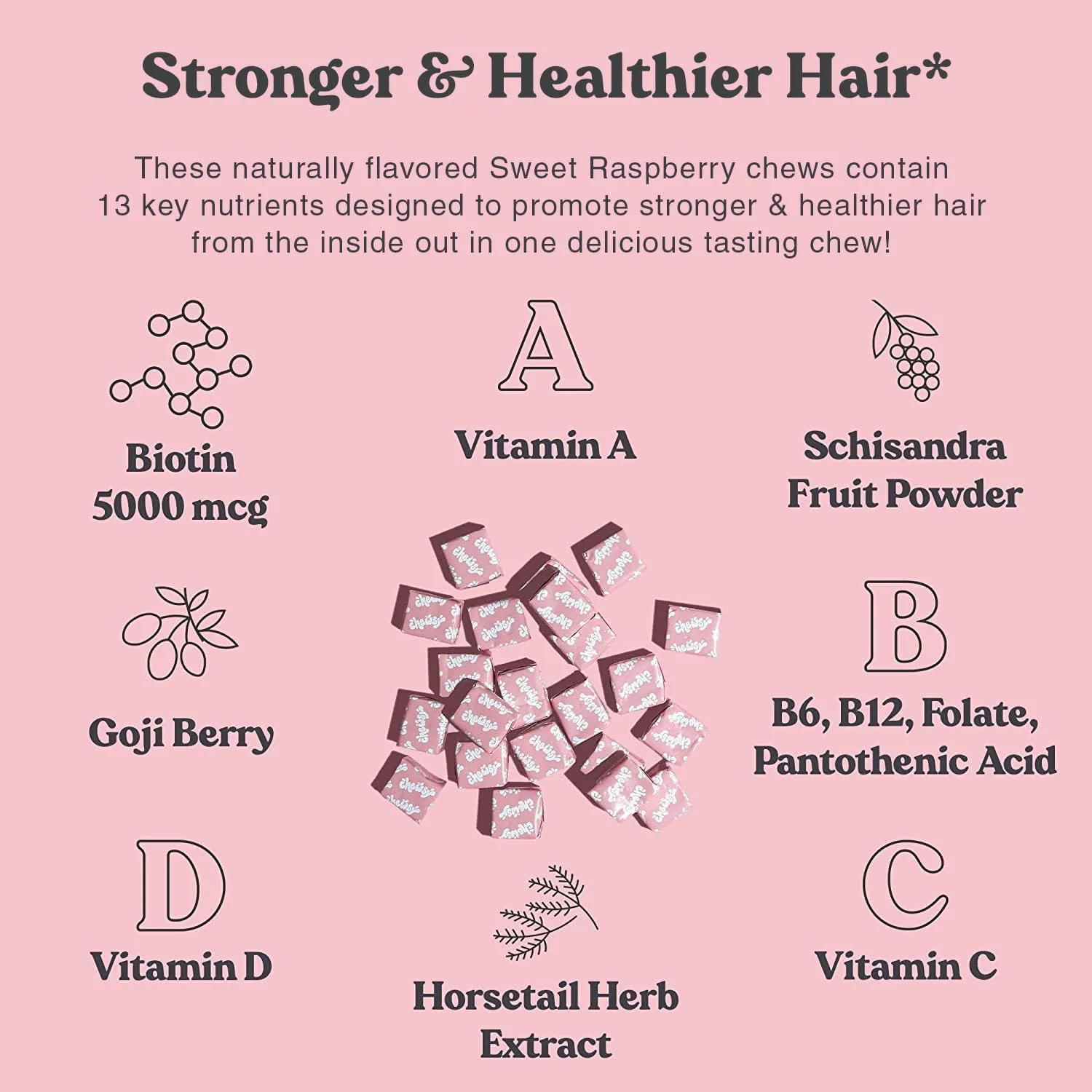 Chewsy - Beautiful Hair - Support for Stronger, Healthy Hair - with Biotin, Horsetail Extract, Goji Berry & Vitamins - Sweet Raspberry, 30-Day Supply - Image 5