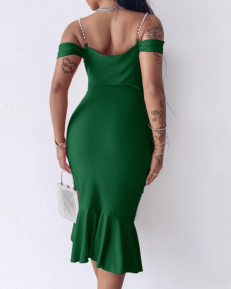 CHICME Women's Cold Shoulder Green Bodycon Midi Dresses Ruffle Hem Cocktail Christmas Party Green Dress-M - Image 3