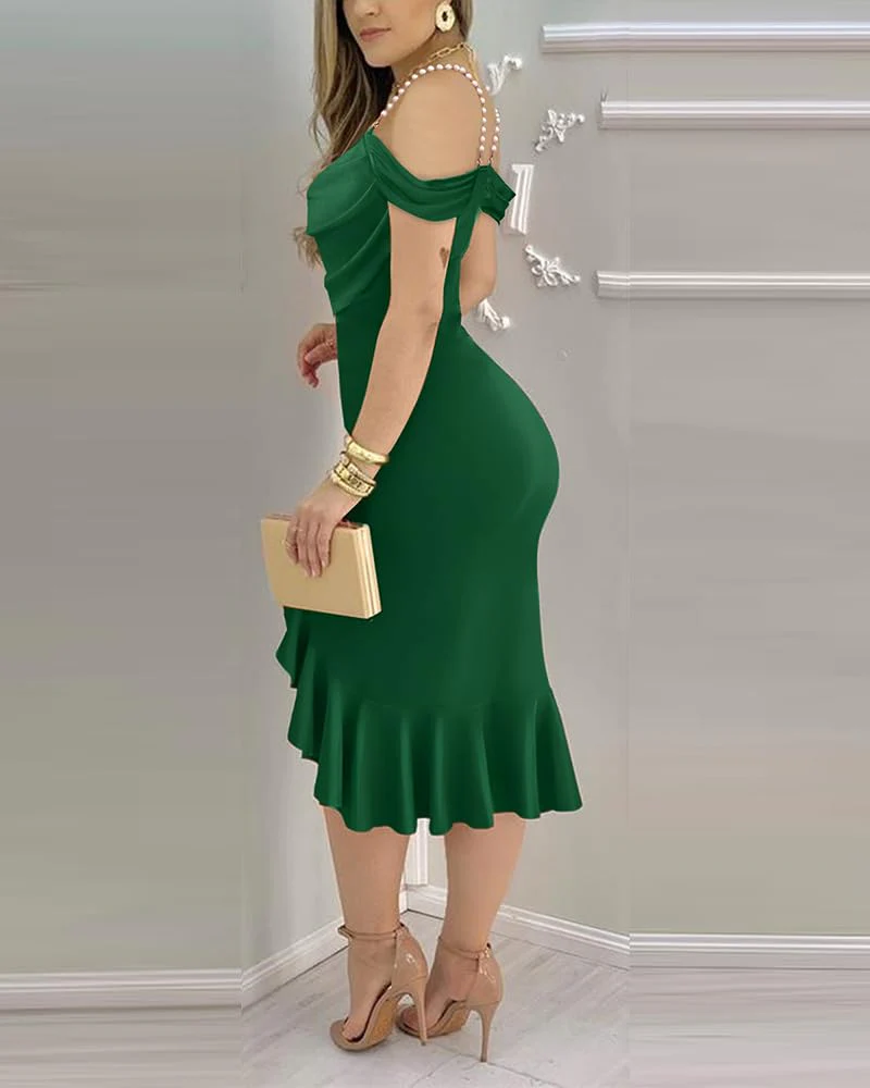 CHICME Women's Cold Shoulder Green Bodycon Midi Dresses Ruffle Hem Cocktail Christmas Party Green Dress-M - Image 5