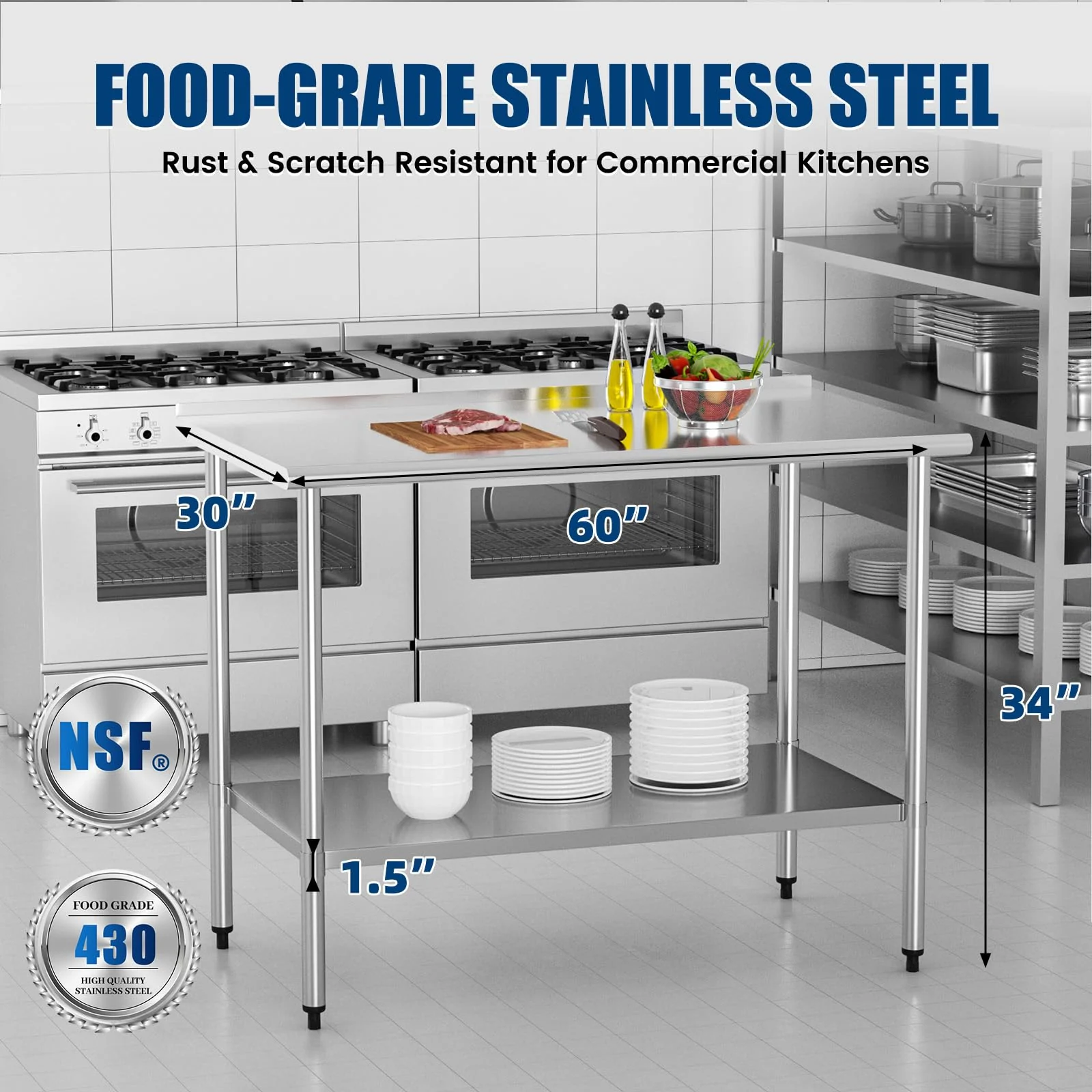Chingoo Stainless Steel Work Table 30x60 Inch with Adjustable Undershelf & Backsplash, Heavy-Duty Prep Table for Commercial Kitchen, Restaurant, Garage, Outdoor - Image 7