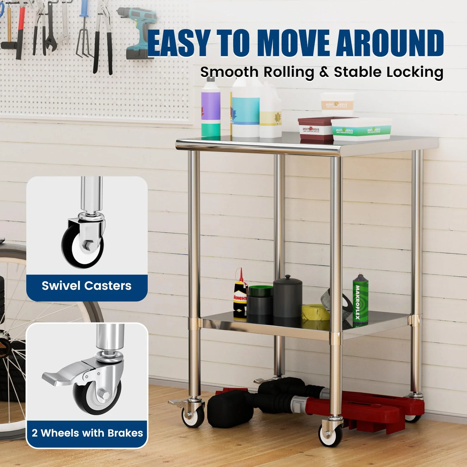 Chingoo Stainless Steel Work Table with Wheels, 24x24 Inch NSF Kitchen Prep Table with Adjustable Undershelf for Commercial Restaurant, Garage, Outdoor BBQ - Image 4
