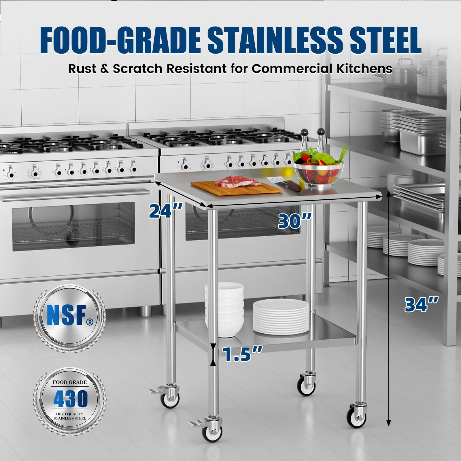 Chingoo Stainless Steel Work Table with Wheels, 24x30 Inch NSF Food Prep Table with Backsplash & Adjustable Undershelf for Commercial Kitchen, Restaurant, Garage, Outdoor BBQ - Image 7