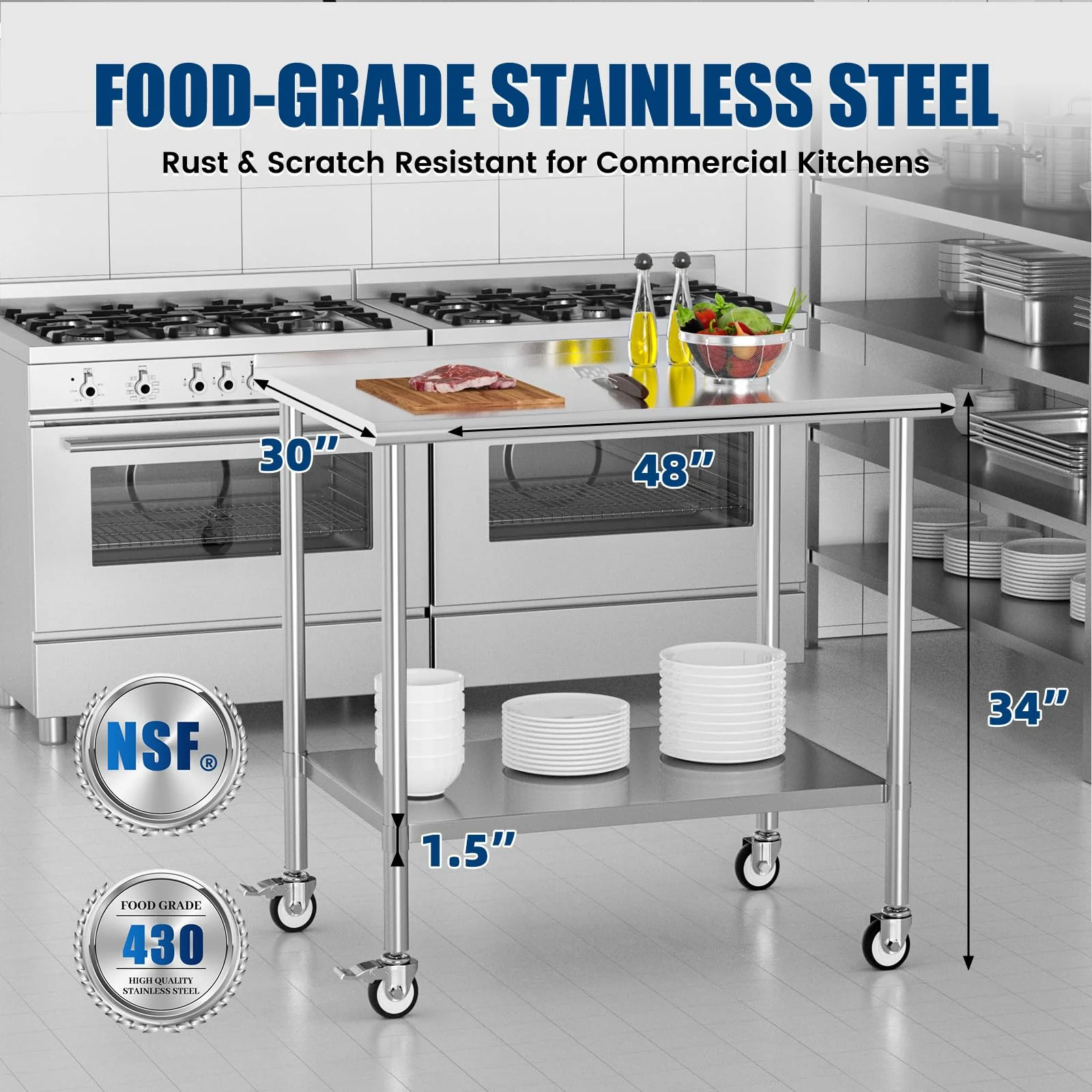 Chingoo Stainless Steel Work Table with Wheels, 30x48 Inch NSF Food Prep Table with Backsplash & Adjustable Undershelf for Kitchen, Restaurant, Garage - Image 7