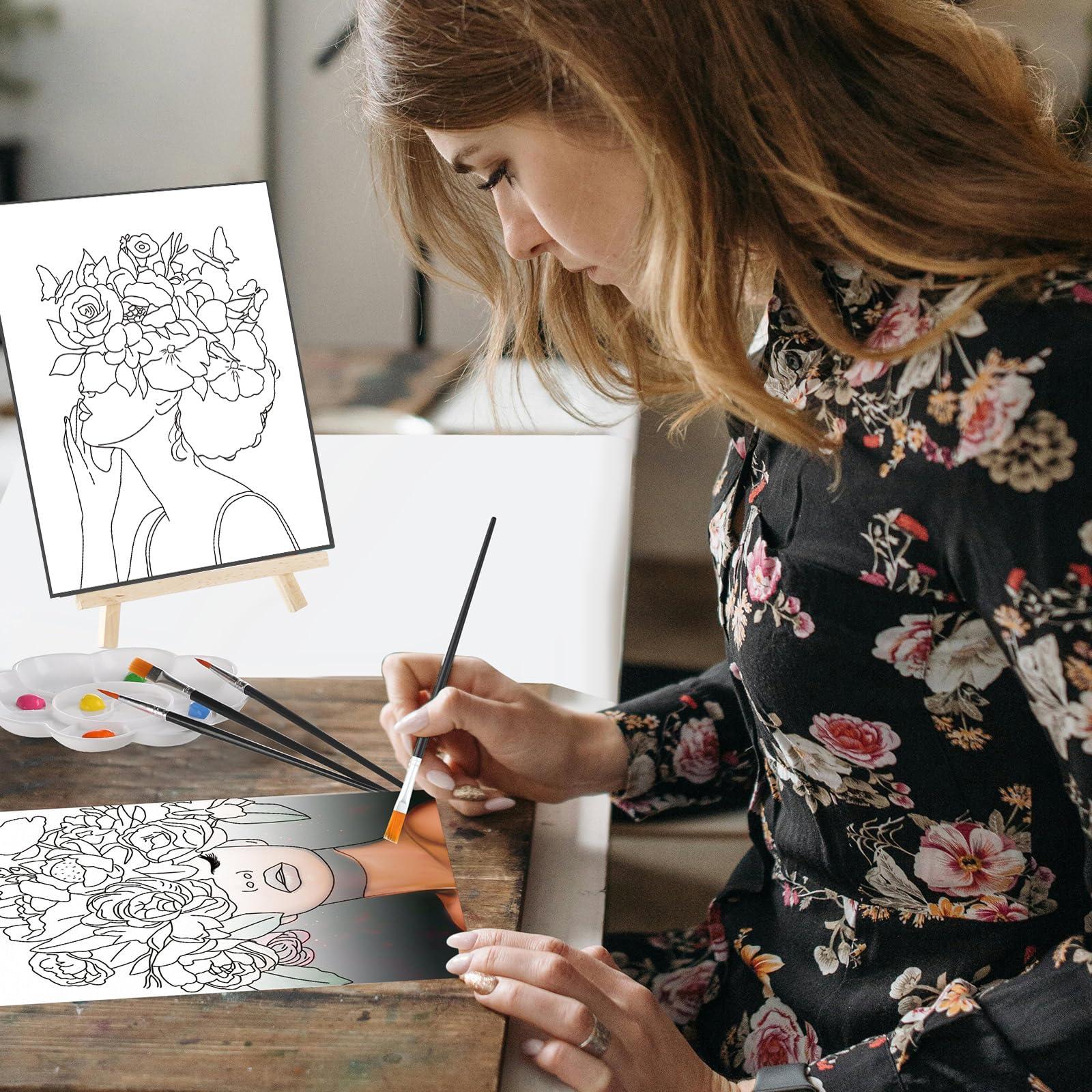 Cholemy 36 Pcs Paint and Sip Kit for Adults 8''x10'' Pre Drawn Canvas for Painting DIY Afro Acrylic Painting Kit Wood Easel Brushes Date Night Bulk for Christmas Party Gifts(Flower Lady) - Image 2