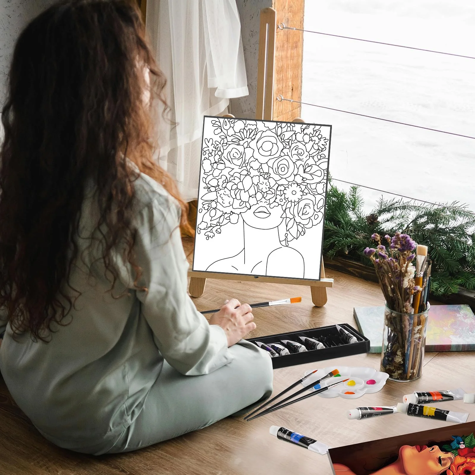Cholemy 36 Pcs Paint and Sip Kit for Adults 8''x10'' Pre Drawn Canvas for Painting DIY Afro Acrylic Painting Kit Wood Easel Brushes Date Night Bulk for Christmas Party Gifts(Flower Lady) - Image 3