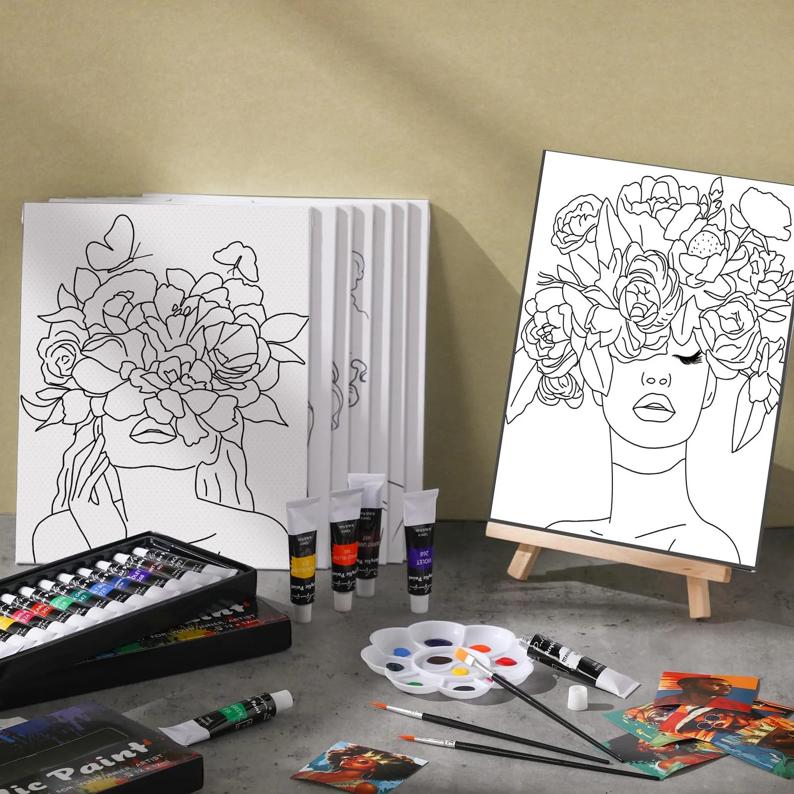 Cholemy 36 Pcs Paint and Sip Kit for Adults 8''x10'' Pre Drawn Canvas for Painting DIY Afro Acrylic Painting Kit Wood Easel Brushes Date Night Bulk for Christmas Party Gifts(Flower Lady) - Image 7