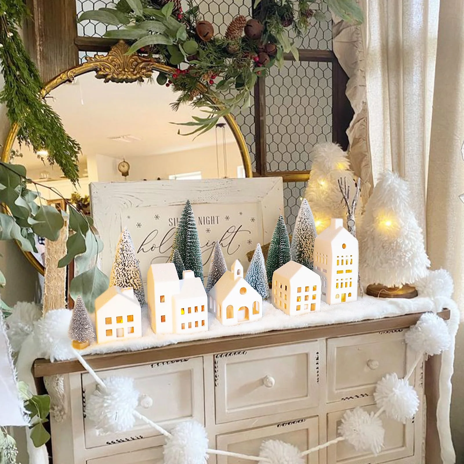 Christmas Decorations - Christmas Village Sets of 5 Lighted Ceramic Houses with Remote Control & 9 Trees - Indoor White Xmas Holiday Rustic Unique Decor for Home Table Room Farmhouse Decoration - Image 2