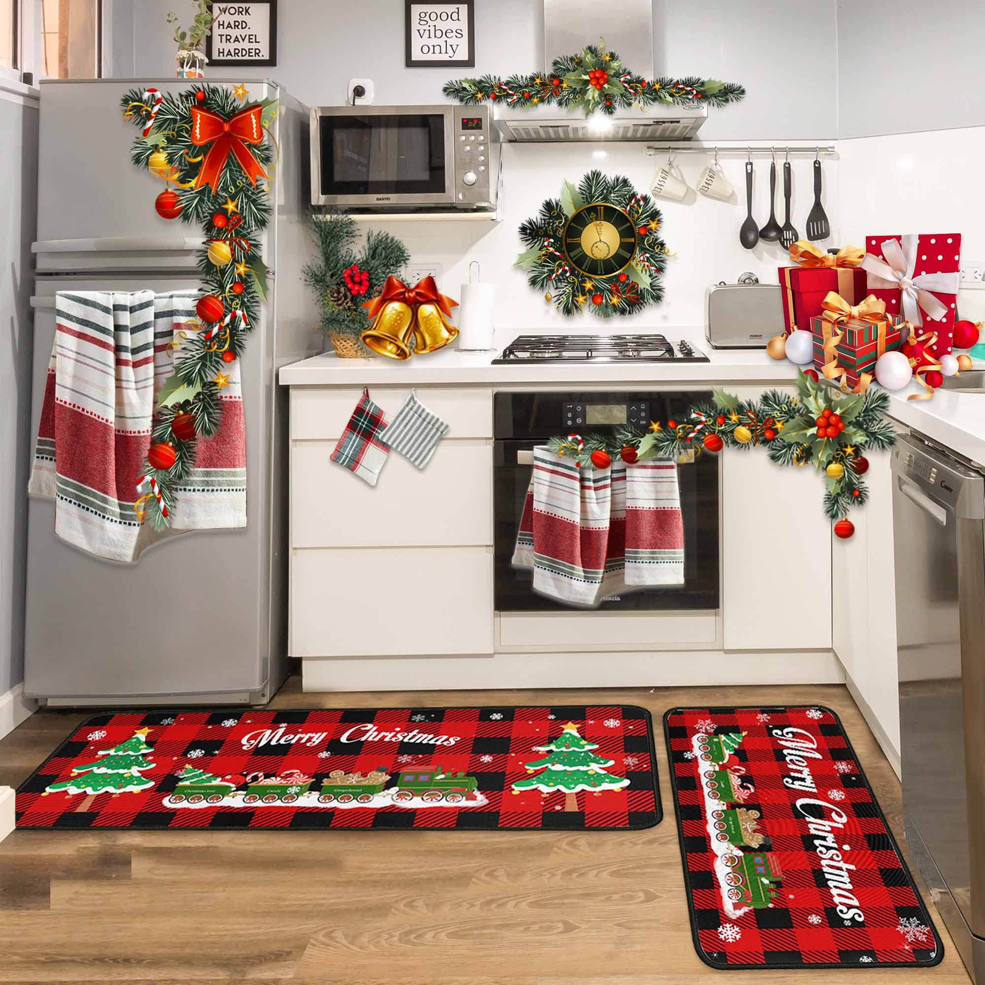 Christmas Kitchen Rugs and Mats Set (2 PCS), Merry Christmas Indoor Floor Mats Red Black Buffalo Check Plaid for Winter, Xmas Door Mat Runner Rug Mat for Kitchen Home Decor (17"x47"+17"x30") - Image 6