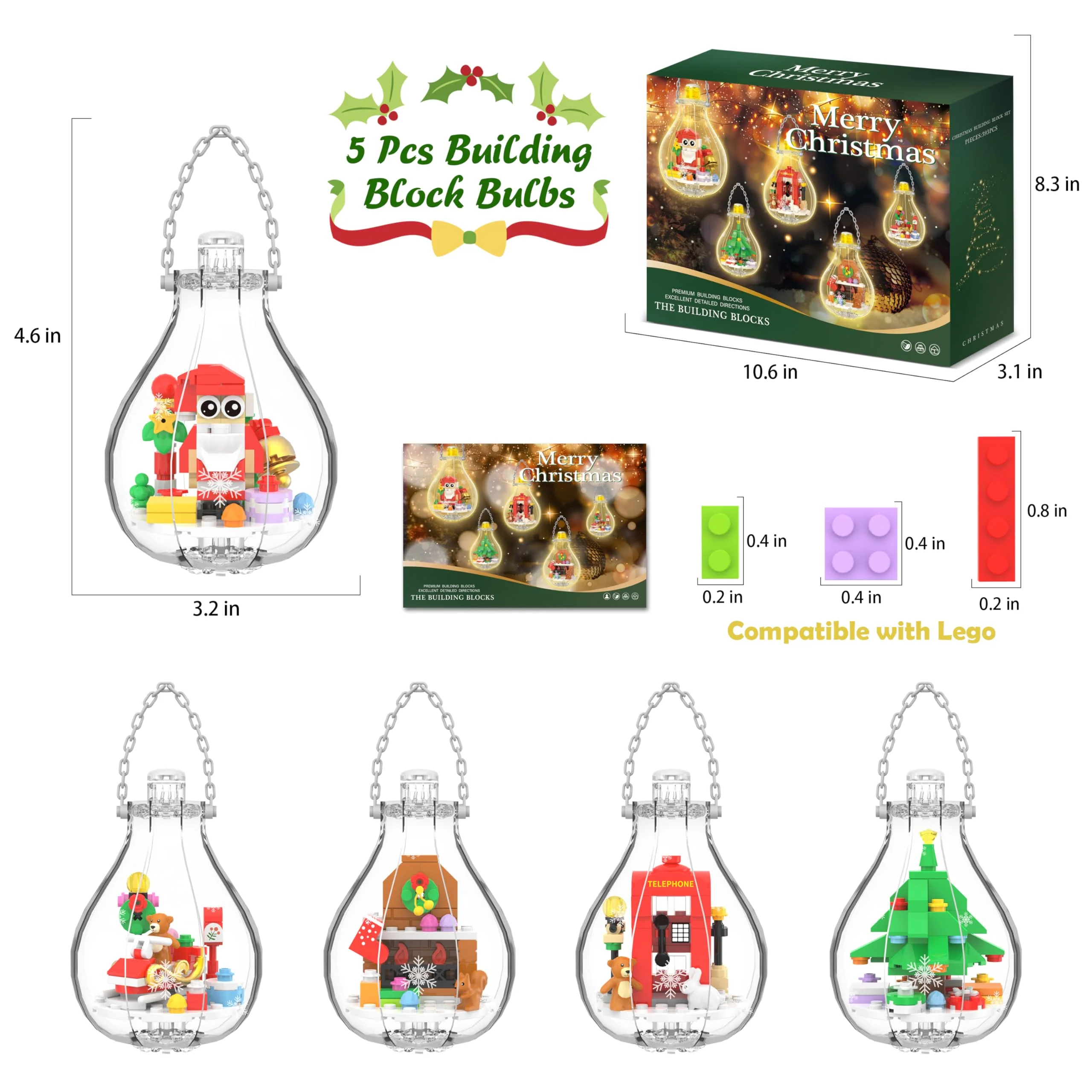 Christmas Ornaments Building Block Set, Compatible with Lego Christmas Tree Decorations Bulbs with Warm Light, Santa Claus Sleigh Phone Booth Fireplace Building Sets Gifts Stocking Stuffers (5 Pack) - Image 5