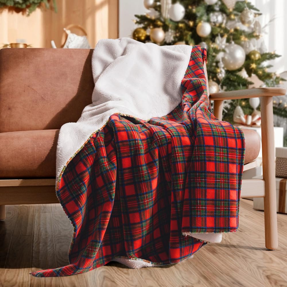 Christmas Sherpa Blanket Throw Size - Reversible Sherpa Fleece Blanket - Super Soft Double Sided Throw for Bed, Sofa, Couch - Thick, Warm, Cozy & Plush - Xmas Winter Bedding - Christmas Tartan, 50x60 - Image 7