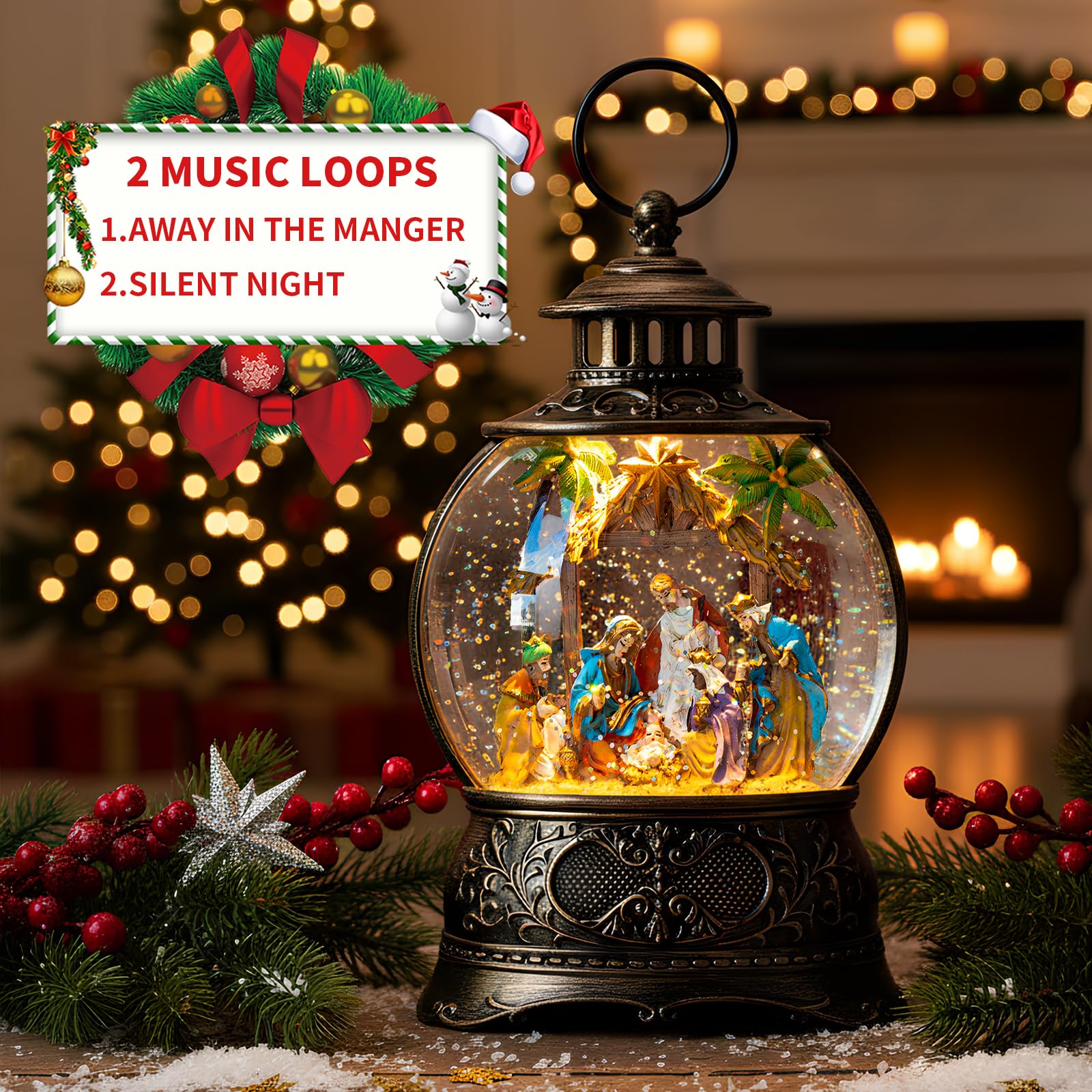 Christmas Snow Globes, Adoration of The Magi Nativity Manger Scene, Silent Night Music Water Lantern, Holiday Decorations Gifts for Family, Children or Friends - Image 5