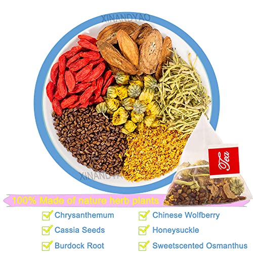 Chrysanthemum Cassia Seed Tea Bags,Eyes Brighten Liver Cleanse Herbal Tea,Burdock Root Honeysuckle Chinese Wolfberry Sweetscented Osmanthus Organic Combination of Floral Tea 7.05OZ(200g, 8gX25Bags) - Image 7